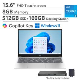 HP - 15.6" FHD TouchScreen Copilot Laptop,Intel Core i5 1334U,8GB RAM,512GB SSD+160GB Dock Station,Wi-Fi 6,Win 11 - Silver