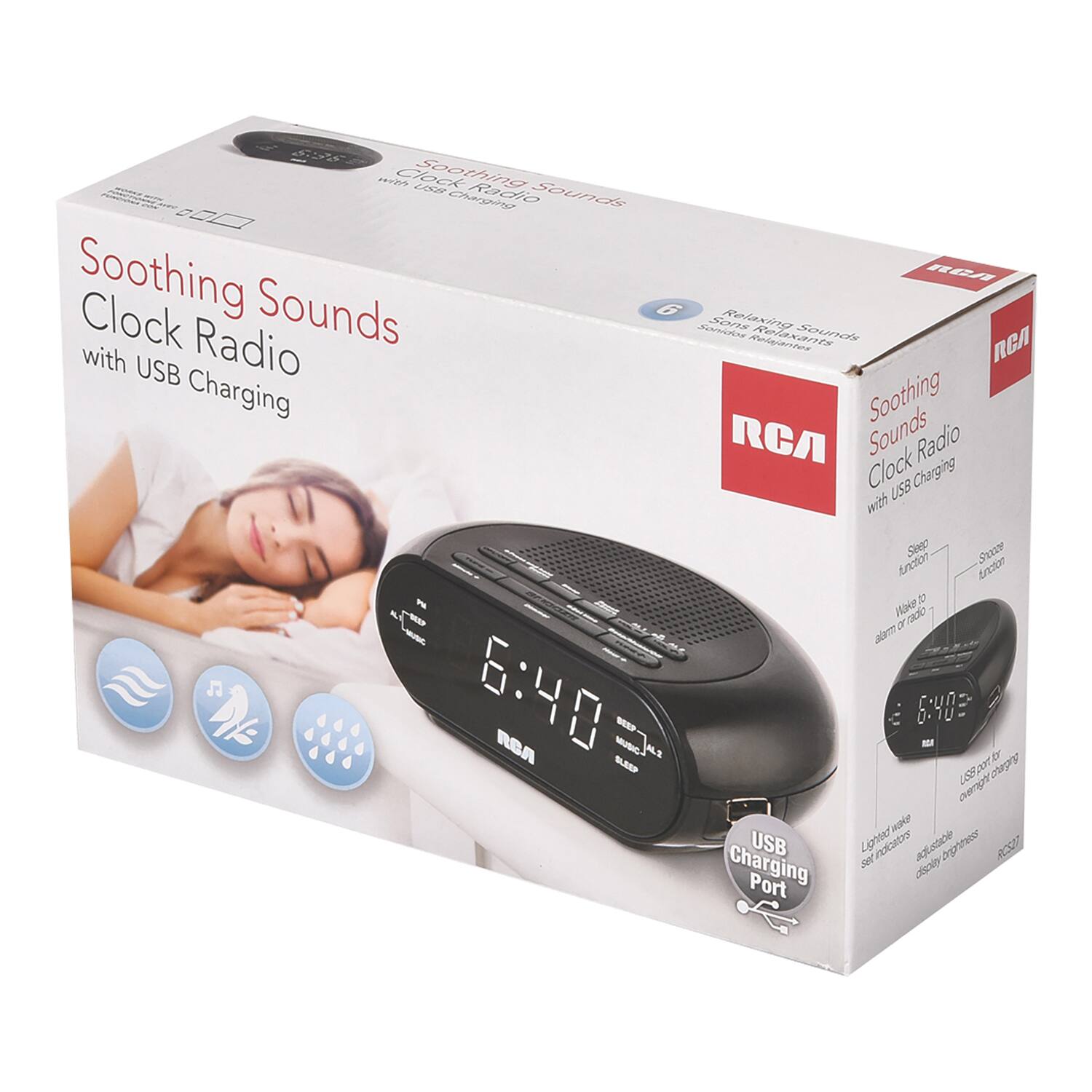 Soothing Sounds Clock Radio with USB Charging

6 Relaxing Sounds
- Rain
- Waves
- White Noise
- Lullaby
- Birds
- Thunder

USB Lighted Wake-Up Alarm
USB Charging Port

Wake to alarm or radio
USB port for charging other devices

Lighter wake-up set indicators
Adjustable display brightness