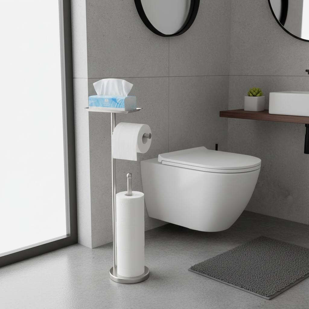 Back. Dazzed Corner - Freestanding Toilet Paper Holder Stand,Storages 4 Reserve Rolls - Brushed Nickel.