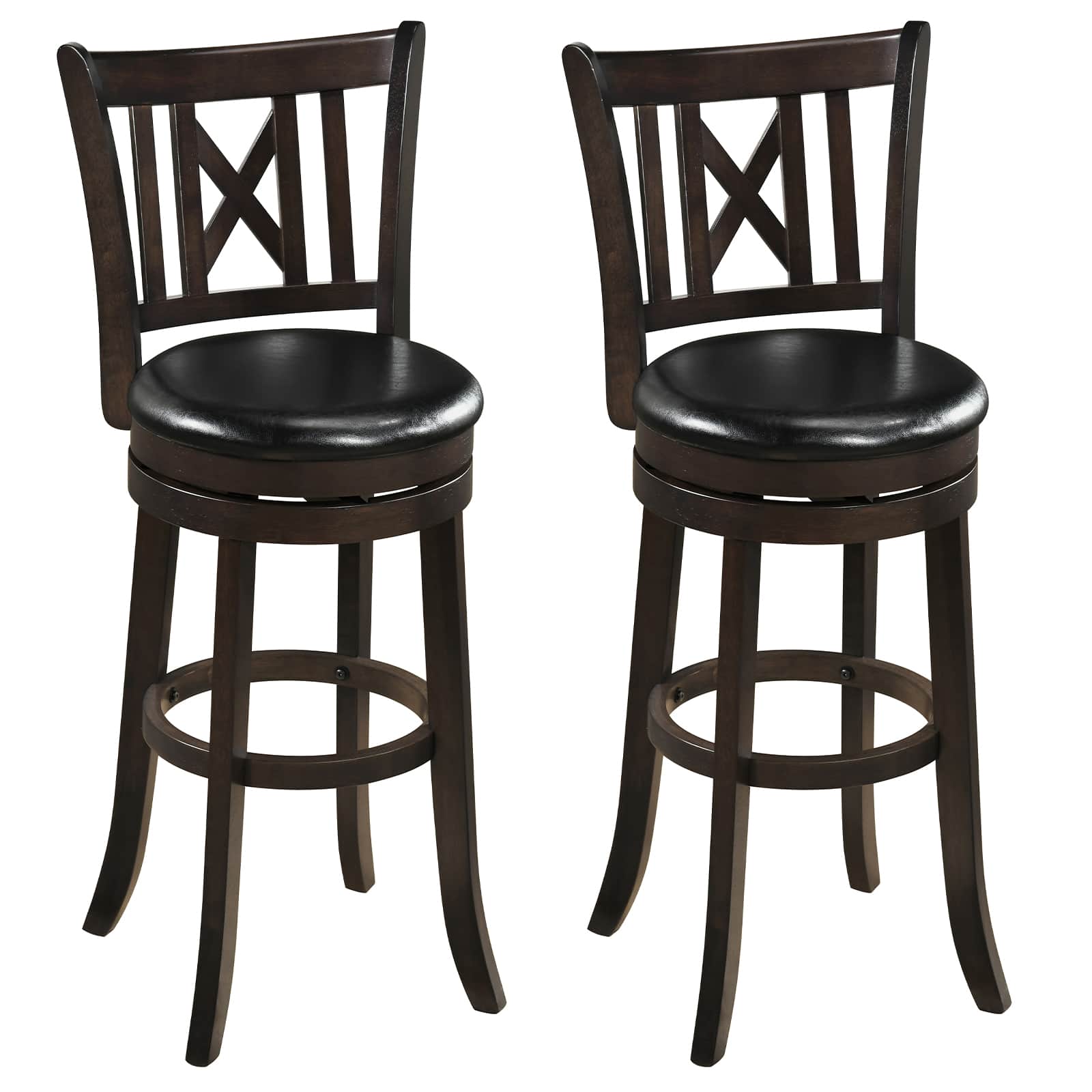 Gymax - Set of 2 Bar Stools 30'' Swivel Bar Chairs w/ Footrest Hollowed Backrest - Brown