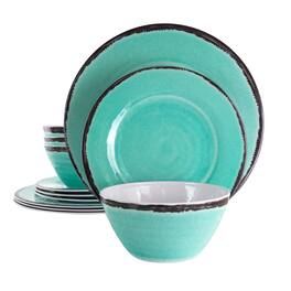 Elama - Azul Banquet 12 Piece Lightweight Melamine Dinnerware Set in Turquoise - Blue