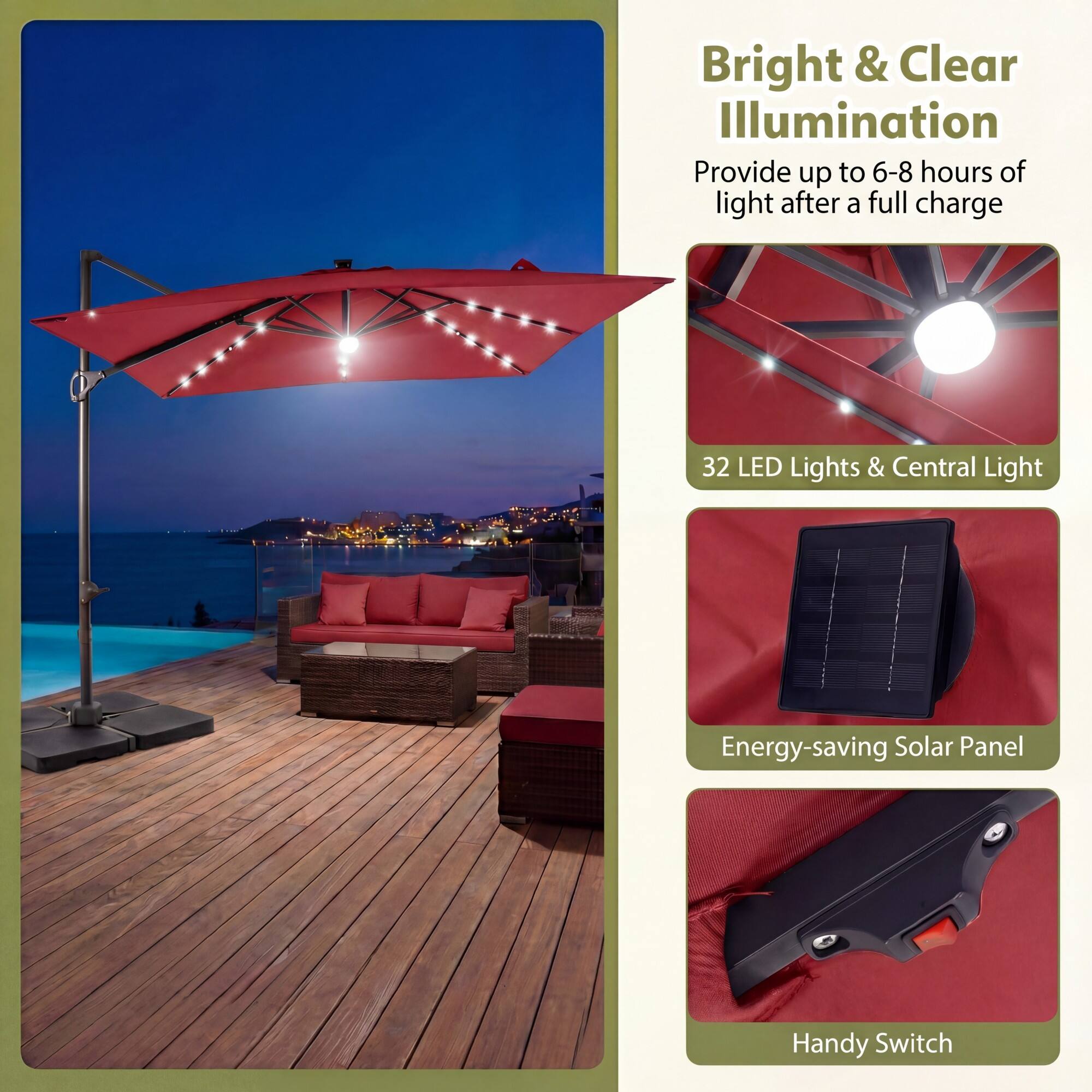 Bright & Clear Illumination  
Provide up to 6-8 hours of light after a full charge  
32 LED Lights & Central Light  
Energy-saving Solar Panel  
Handy Switch