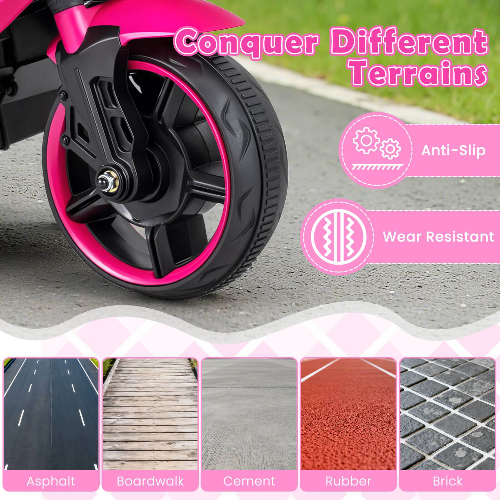 Conquer Different Terrains

Anti-Slip  
Wear Resistant

Asphalt  
Boardwalk  
Cement  
Rubber  
Brick
