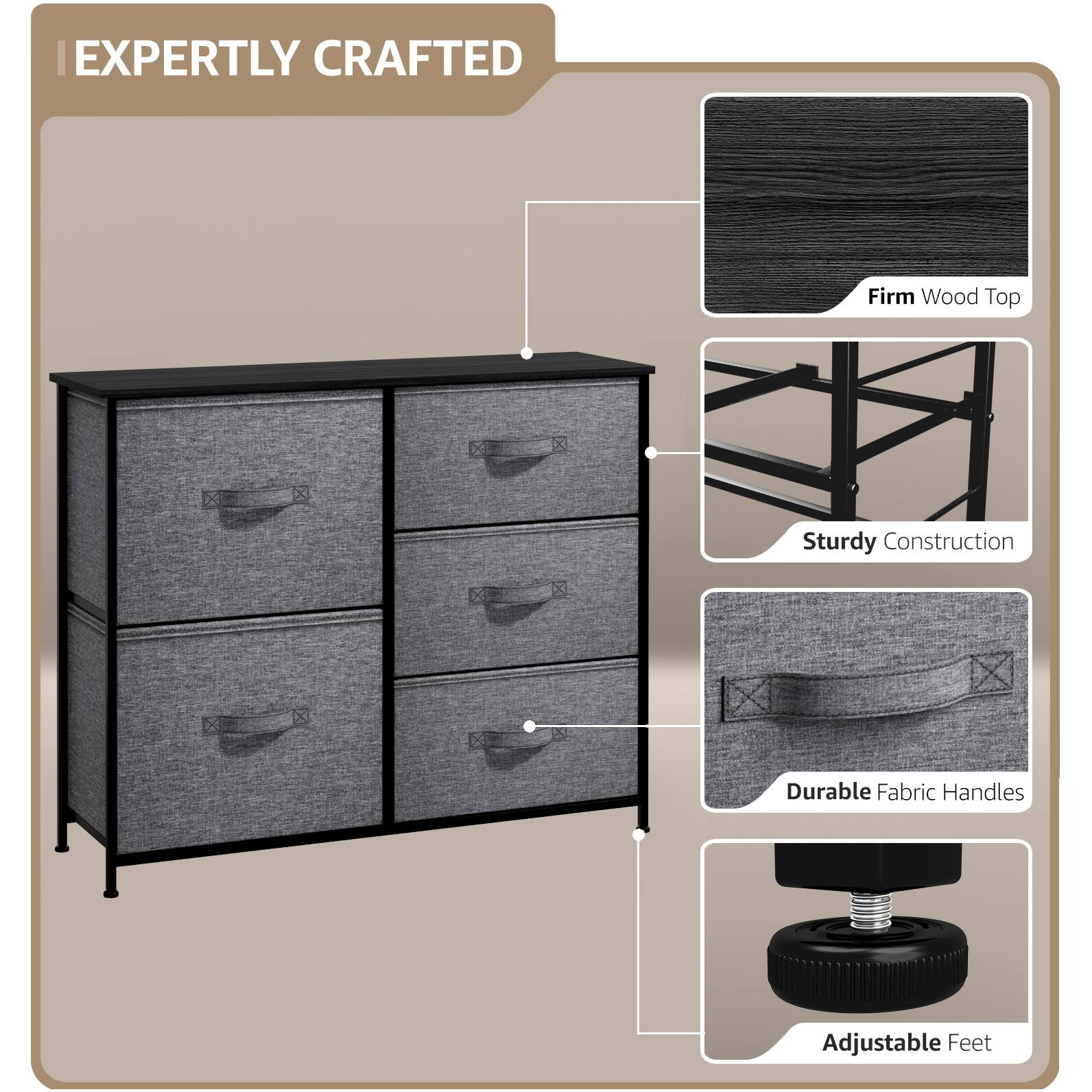 EXPERTLY CRAFTED

- Firm Wood Top
- Sturdy Construction
- Durable Fabric Handles
- Adjustable Feet