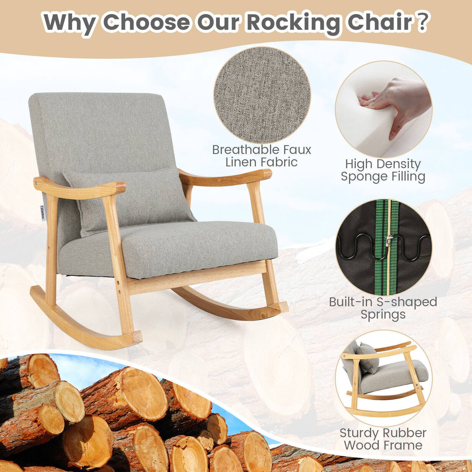 Why Choose Our Rocking Chair?
- Breathable Faux Linen Fabric
- High Density Sponge Filling
- Built-in S-shaped Springs
- Sturdy Rubber Wood Frame