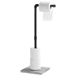 Oumilen - Industrial Pipe Freestanding Toilet Paper Holder – Black Metal Stand with Graywashed Wood Base
