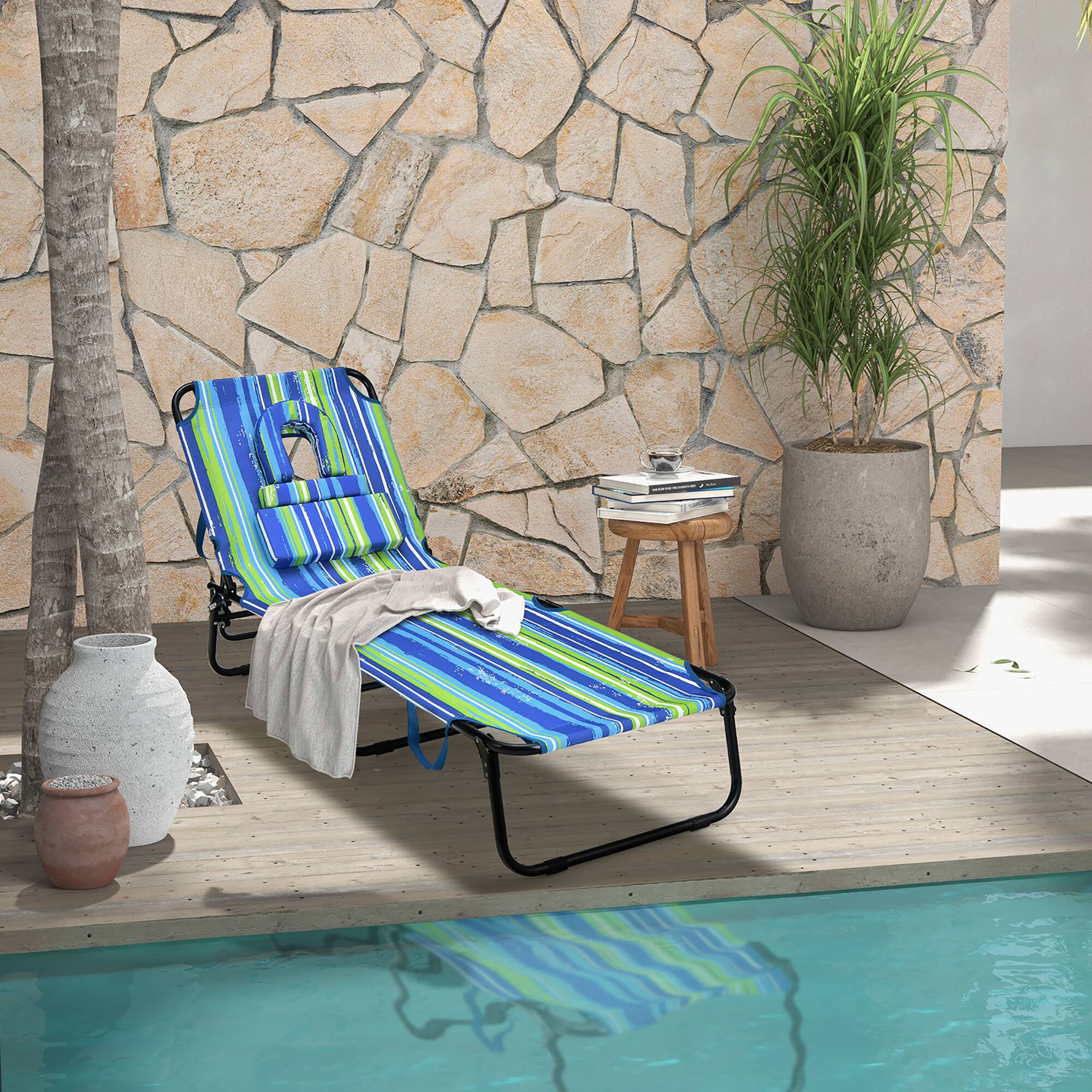 Alt View 2. Gymax - Gymax 5-Position Lounge Chair Adjustable Beach Chaise w/ Face Cavity & Pillows Blue & Green - Blue,Green,Black.