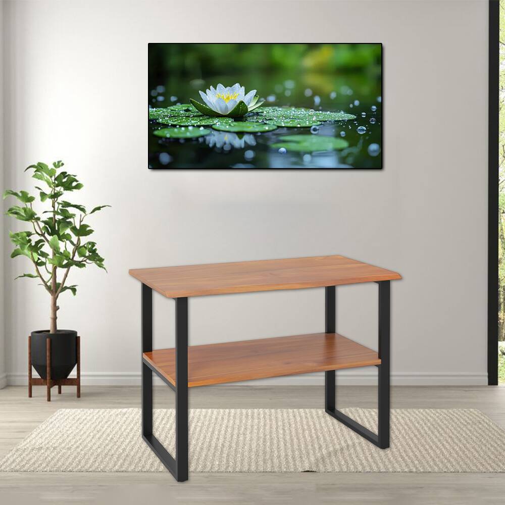Front. Hivvago - 2-Layer Teak Wooden End Table for Living Room, Sofa, and Entryway - Natural + Black.