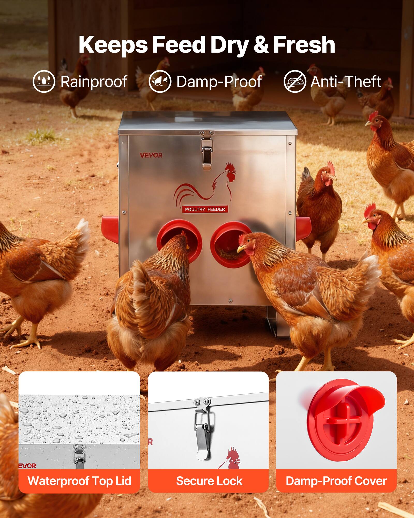 Keeps Feed Dry & Fresh

- Rainproof
- Damp-Proof
- Anti-Theft

VEVOR POULTRY FEEDER

- Waterproof Top Lid
- Secure Lock
- Damp-Proof Cover
