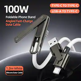 Topteng - 100W 3-in-1 Charging Cable with Phone Stand - Foldable, Fast Charge for iPhone/Samsung/Android, Watch & Play - Black
