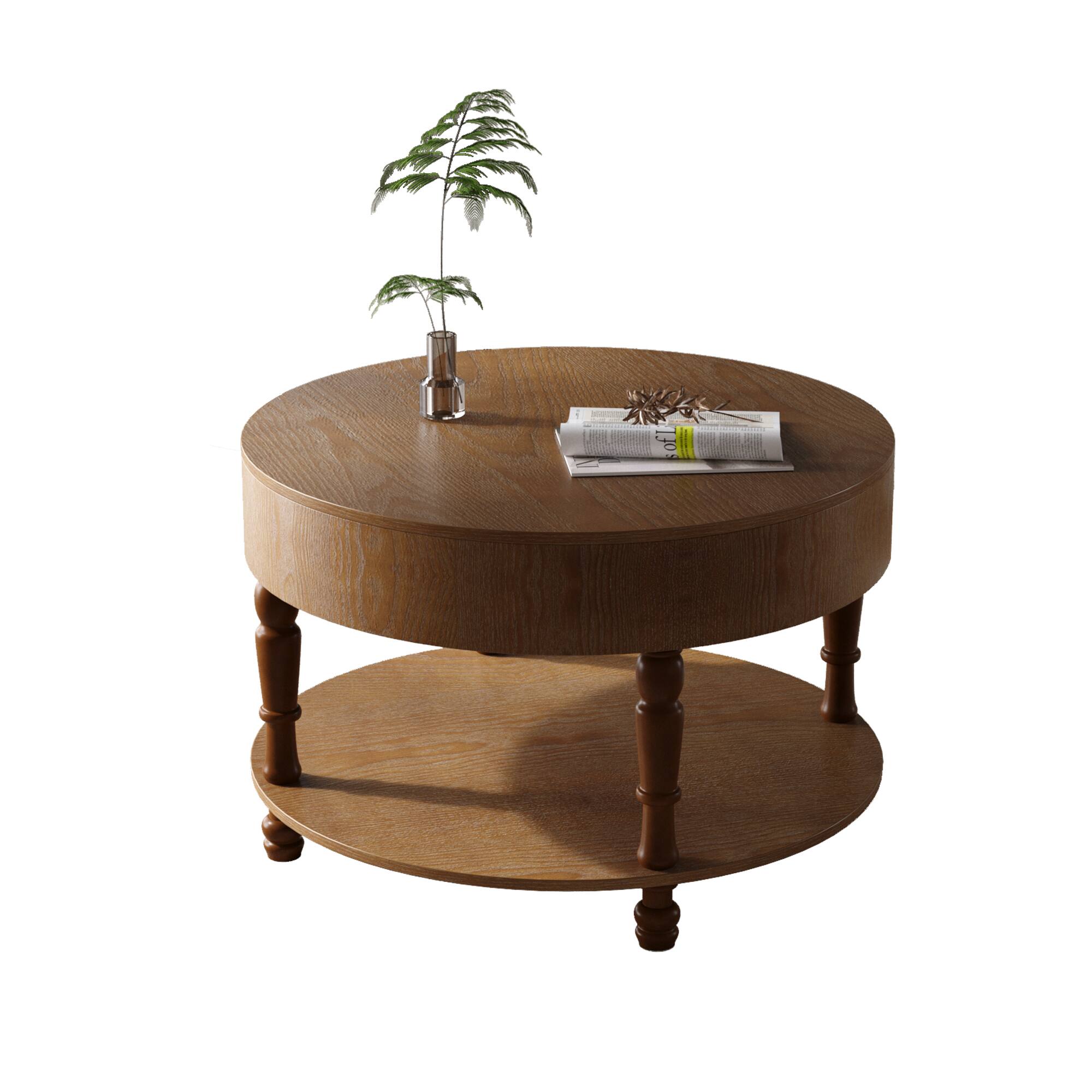 Angle. Lirago - 32" Modern Round Coffee Table Walnut with Dual Storage Hidden Compartment Adjustable Leveling Feet - Brown.