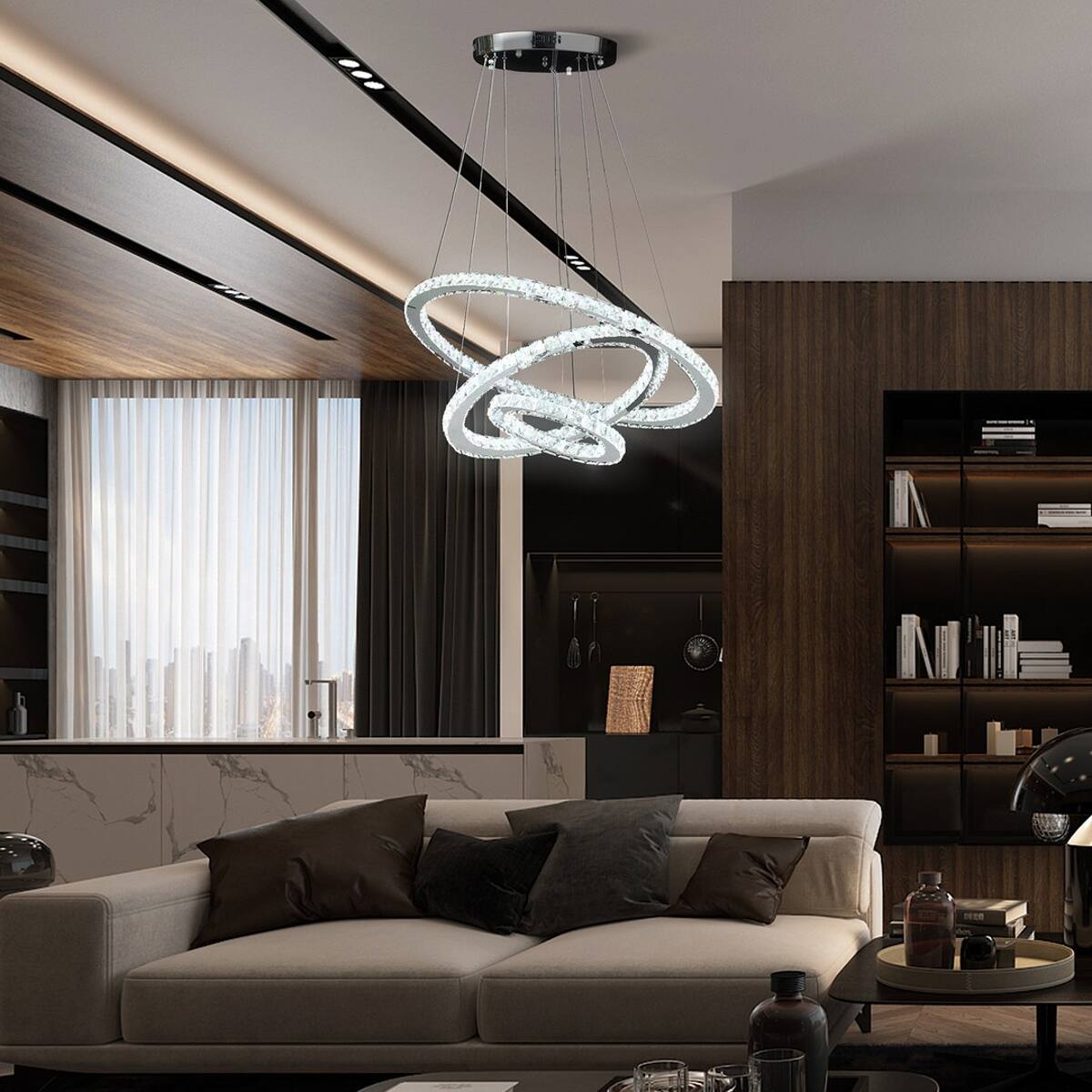 Left. Loheer - Loheer Adjustable Height Crystal Chandelier Integrated Dimmable LED Triple Ring Ceiling Light.