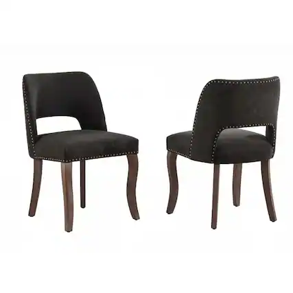 Front. GOODSILO - Modern Fabric Upholstered Dining Chairs Set of Two with Curved Backrest and Solid Wood Legs - Black.