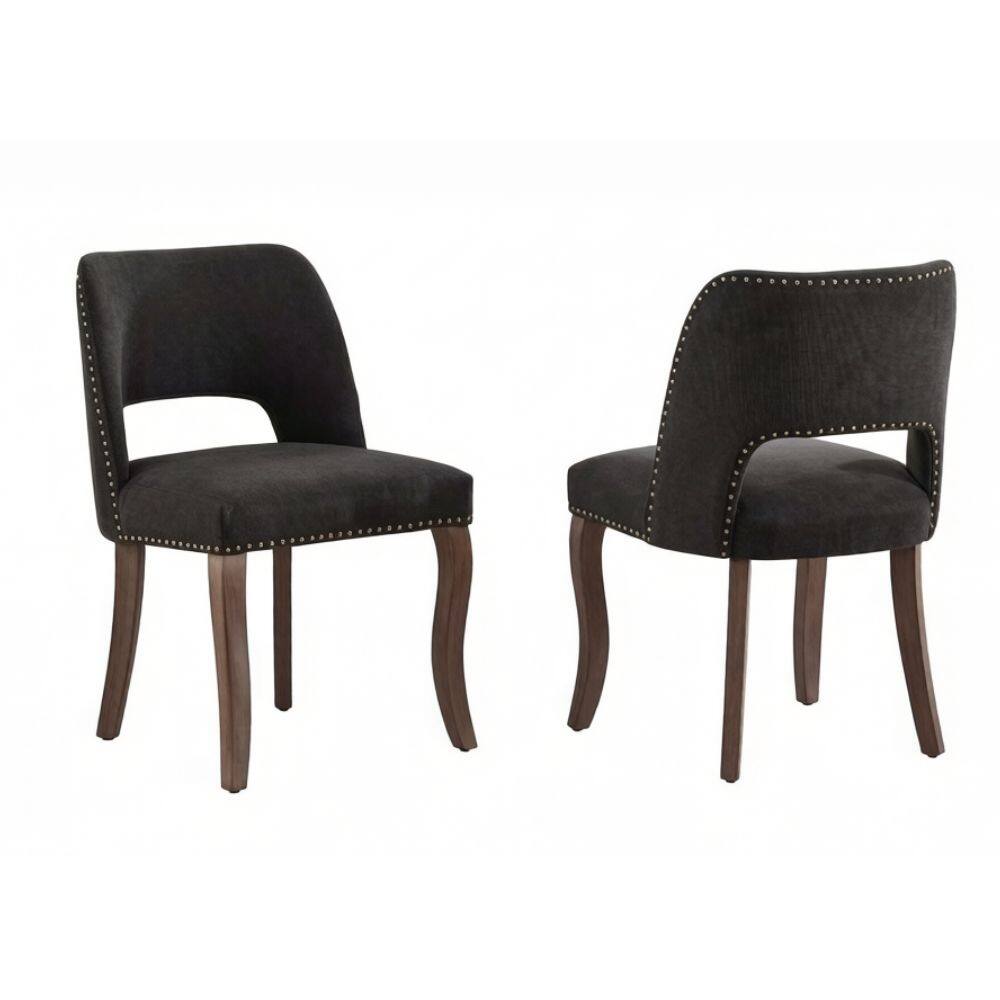 Front. GOODSILO - Modern Fabric Upholstered Dining Chairs Set of Two with Curved Backrest and Solid Wood Legs - Black.