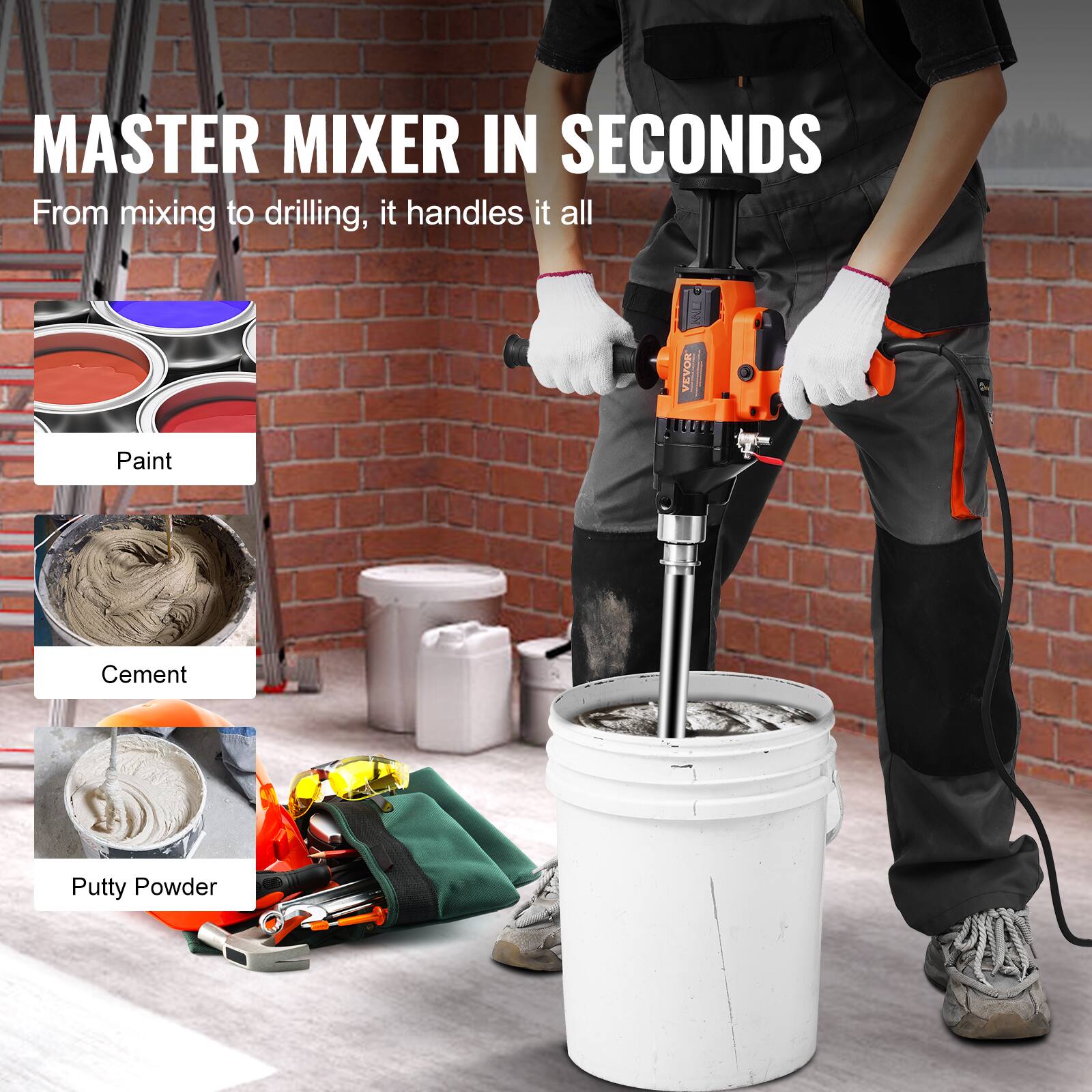 MASTER MIXER IN SECONDS  
From mixing to drilling, it handles it all

Paint  
Cement  
Putty Powder