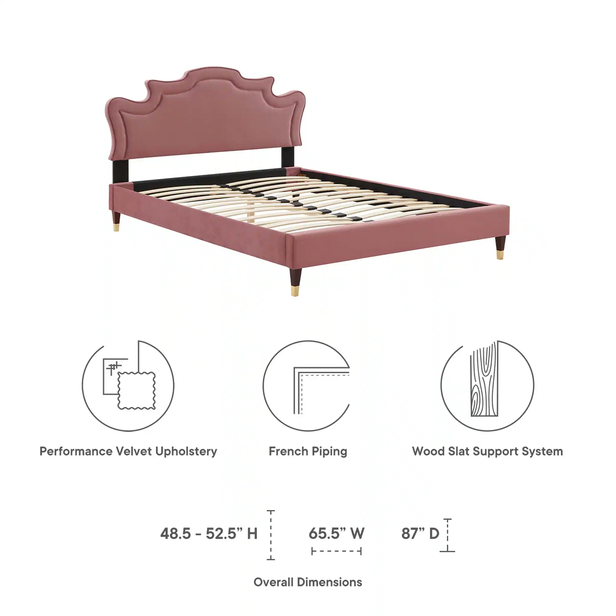 - Performance Velvet Upholstery
- French Piping
- Wood Slat Support System

Overall Dimensions:
- T 48.5" - 52.5"
- H 65.5"
- W 87"
- D