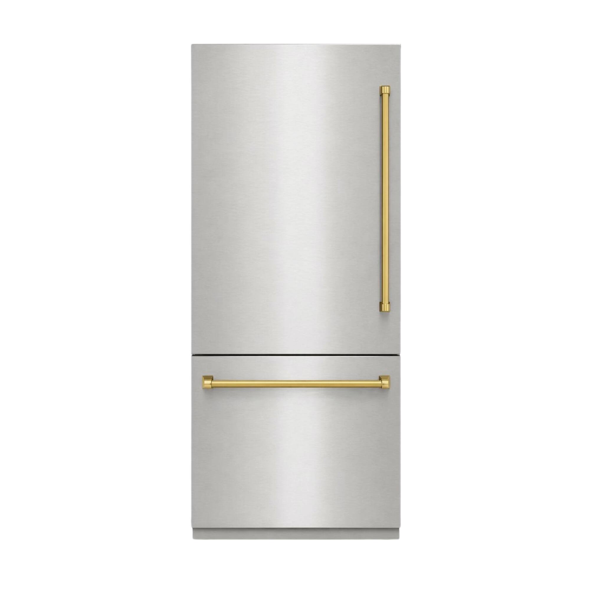 Angle. Kucht - 36 in. 19.8 cu ft. Built-In Bottom Freezer Refrigerator - Stainless Steel Panels and Gold Handles Included - Stainless Steel and Gold.