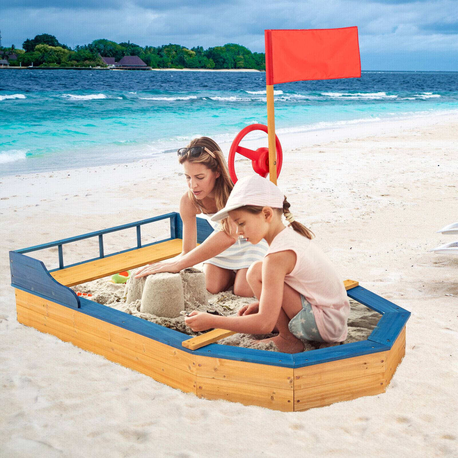 Alt View 2. Gymax - Gymax Kids Pirate Boat Wood Sandbox w/ Storage Box & Non-Woven Fabric Liner - Beige.