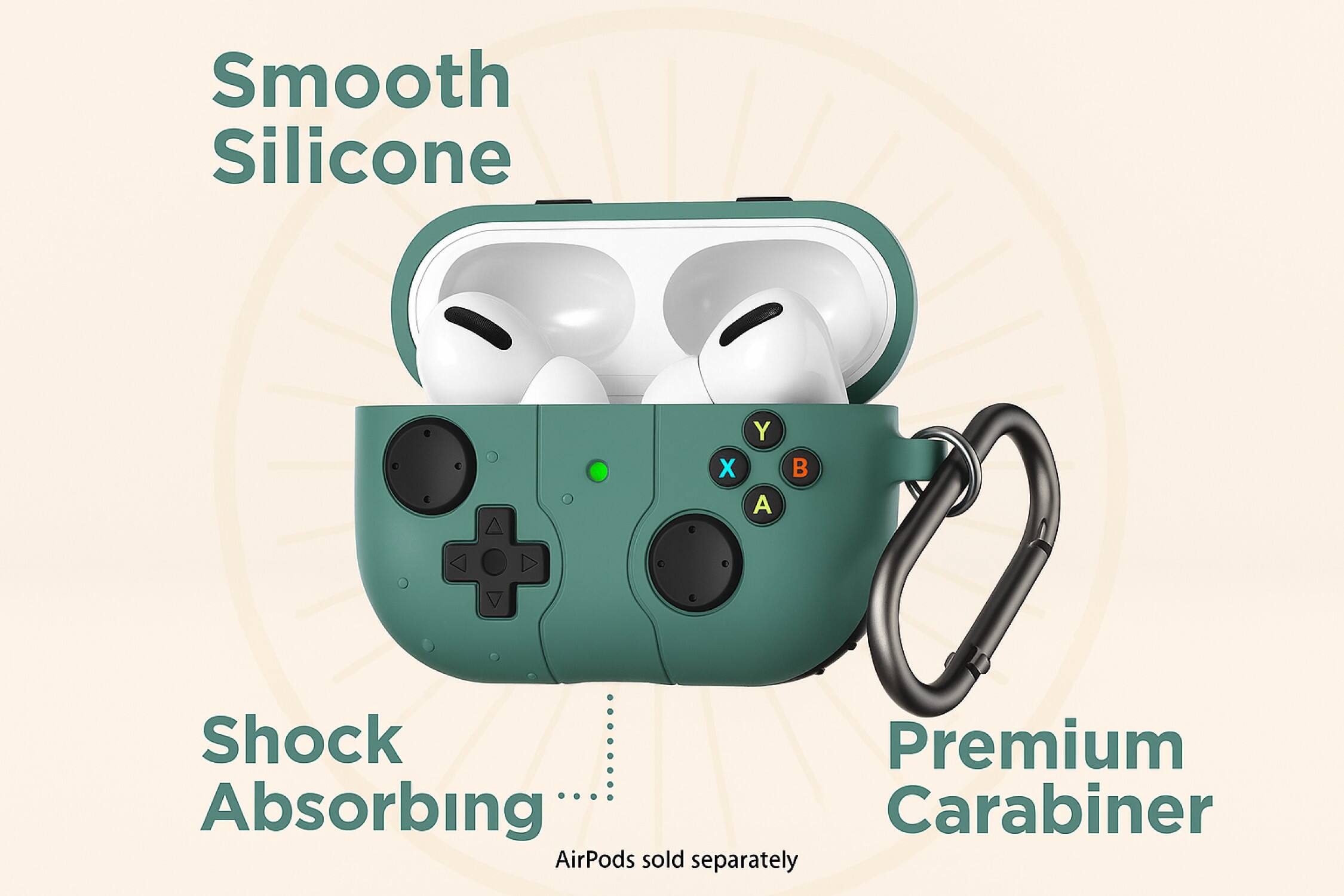 Smooth Silicone  
Shock Absorbing  
Premium Carabiner  
AirPods sold separately