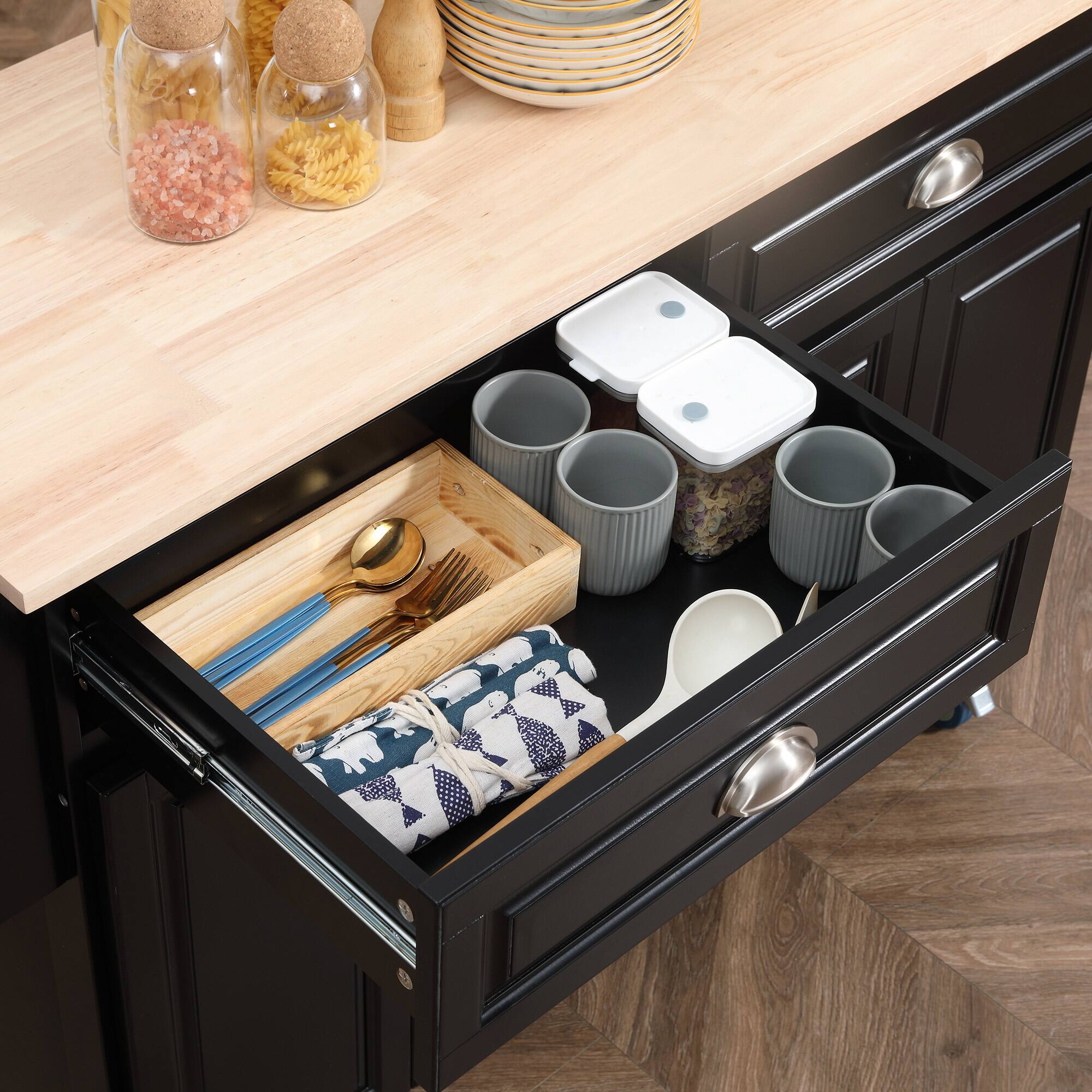 Alt View 7. Homcom - Rolling Kitchen Island Cart with Drop Leaf, Wood Top, 2 Drawers & 2 Storage Cabinets, Island Table (Kitchen/Dining Room) - black.