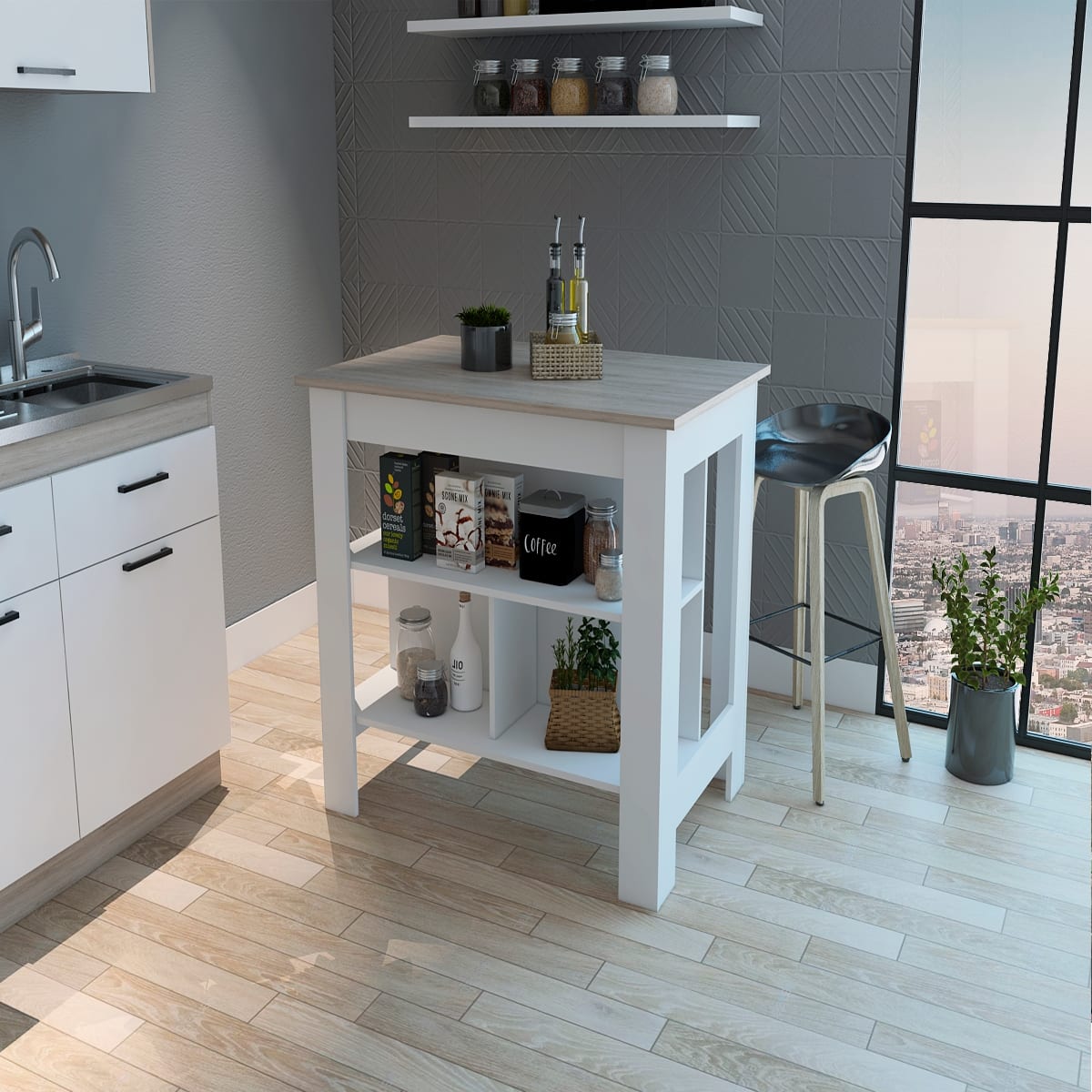 Loheer - Antibacterial Surface Kitchen Island with Three Concealed Shelves - Multicolor