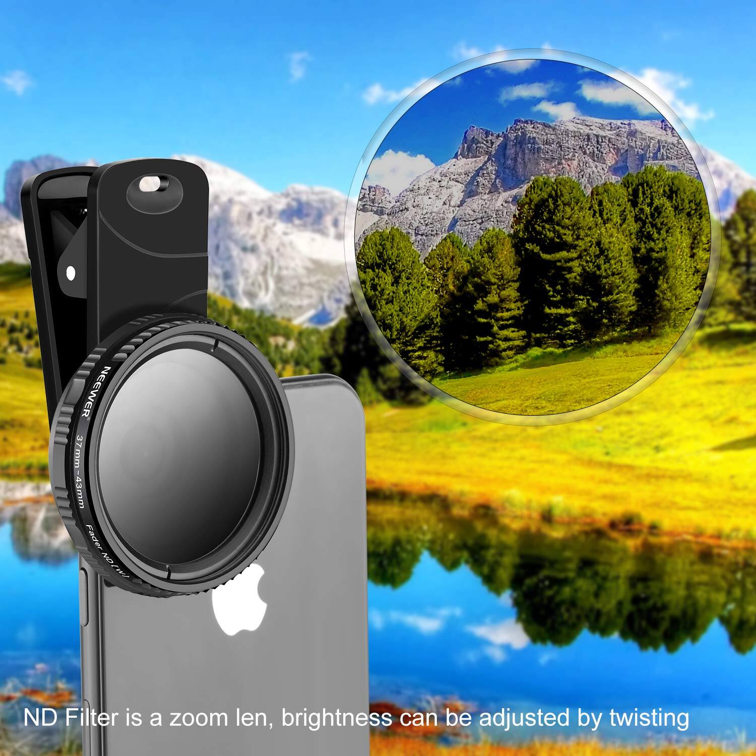 NEEWER 37mm-43mm Fader ND Filter is a zoom lens. Brightness can be adjusted by twisting.
