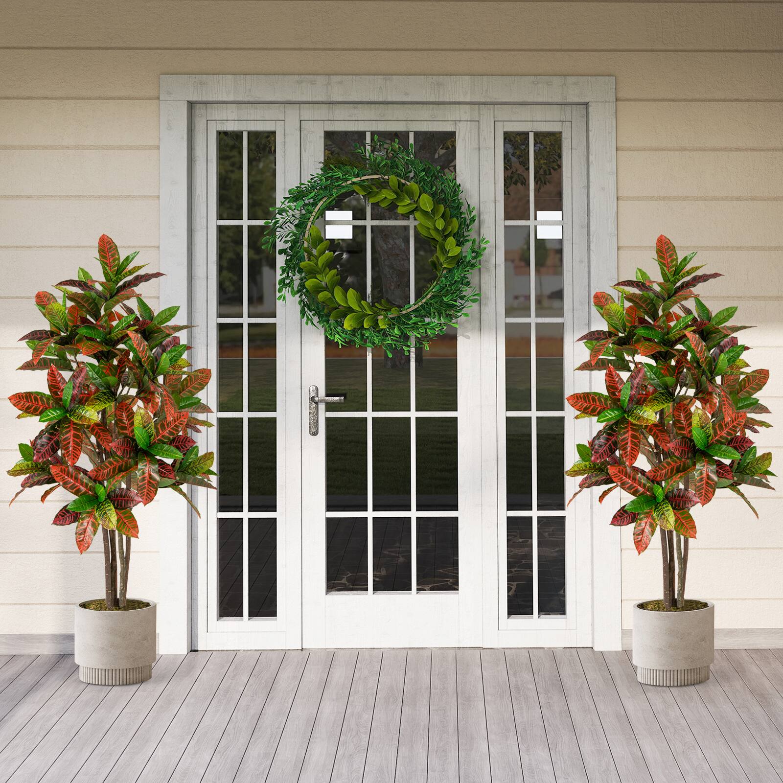 Alt View 1. Gymax - Gymax 2PCS 5 FT Artificial Croton Plant w/ Multi-colored PEVA Leaves Solid Wood Trunk - Green, Red, Yellow, Brown.