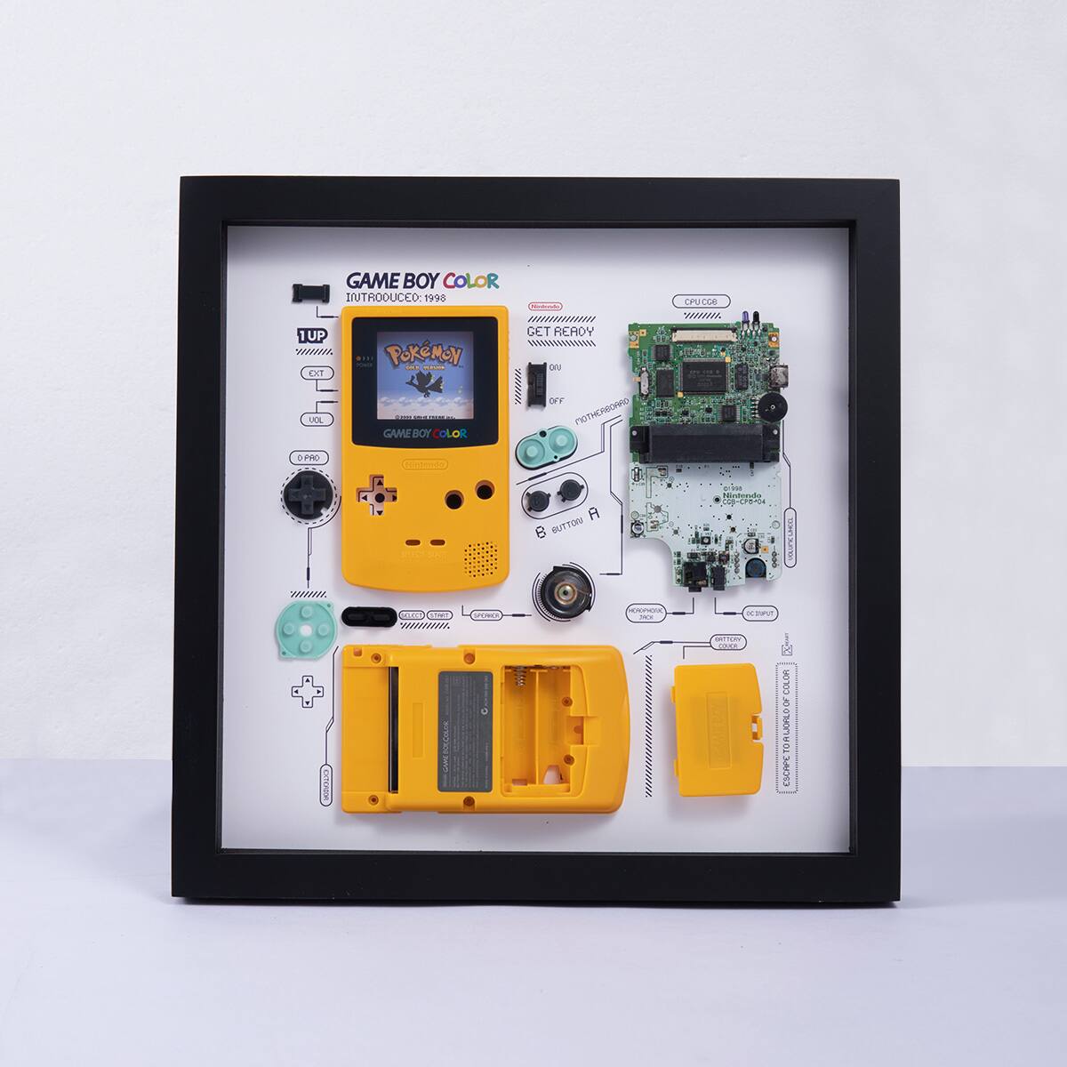 GAME BOY COLOR  
INTRODUCED: 1998  

1UP  
CCT  
LCL  
D.PRO  

Pokémon  
GAME BOY COLOR  

GET READY  
ON  
OFF  

CH1 CH2  
CH3 CH4  

A  
B  
SELECT  
START  

POWER  
VOLUME  

GAME BOY COLOR  
ORACLE  
000000  
OFRO  
BUTTON  
HOBOM  
TIIL  
S  
PO-O  
5000000000  
E  
R  
SN  
COA  
EITO  
asras  
COLOR  
UOLD  
TO  
CSCHPC
