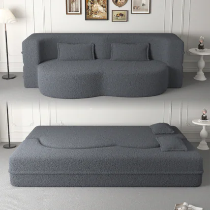 Front. Trinkets Crazed - Convertible Sleeper Sofa Bed,15" Thick Full Size Folding Floor Couch, Teddy Fabric Foam-Filled Futon Loveseat Couch - Grey.