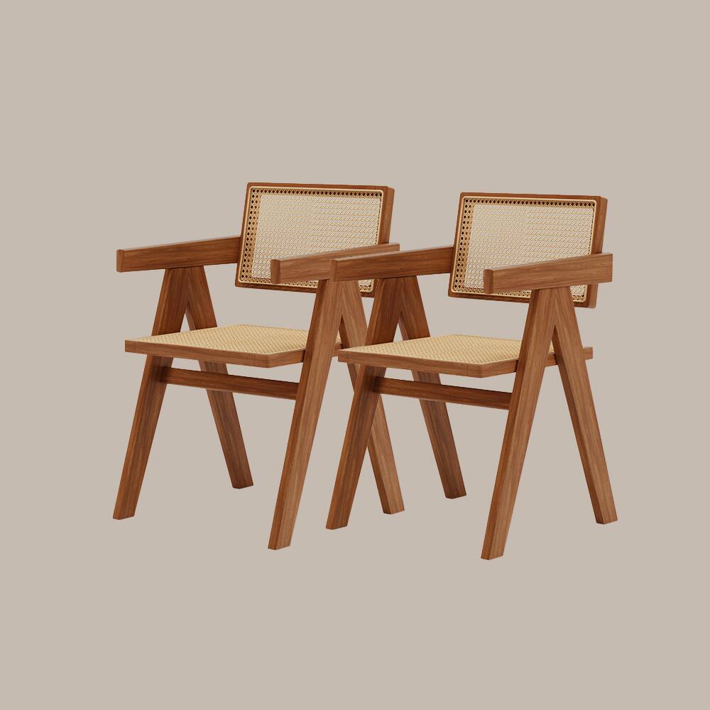 Alt View 7. POVISON - Mid-Century Modern Solid Wood Rattan Dining Chairs Set of 2 Armchairs for Kitchen & Bedroom, Light Walnut & Khaki - Light Walnut & Khaki.