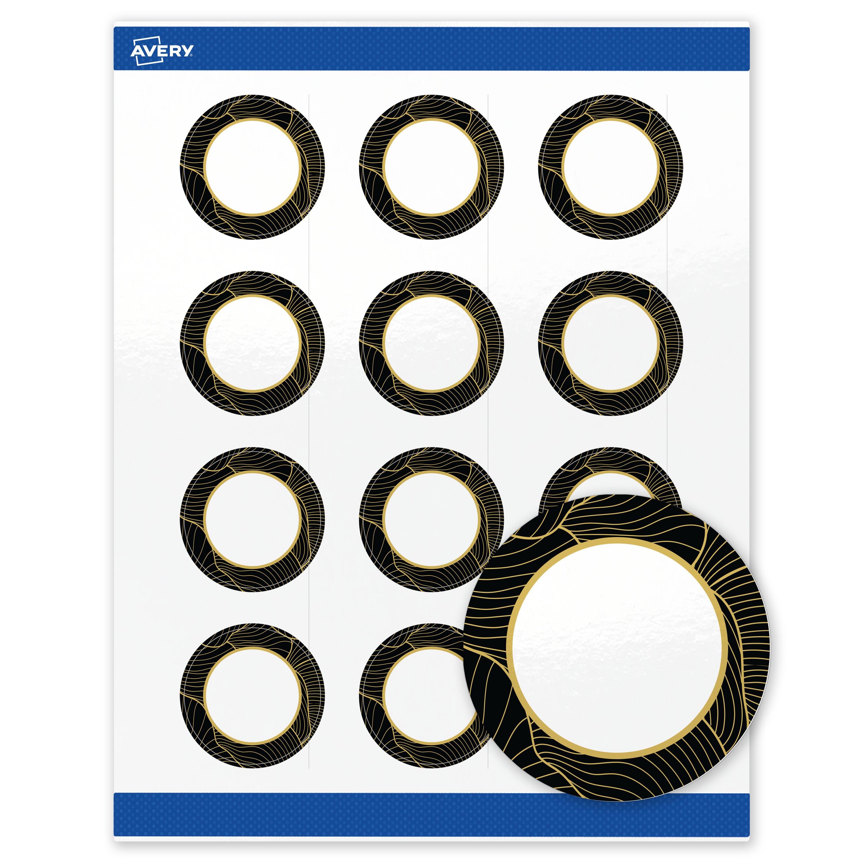 Front. Avery - Avery Labels, 2" Diameter, Glossy White, Black Border/Gold Veins - White.