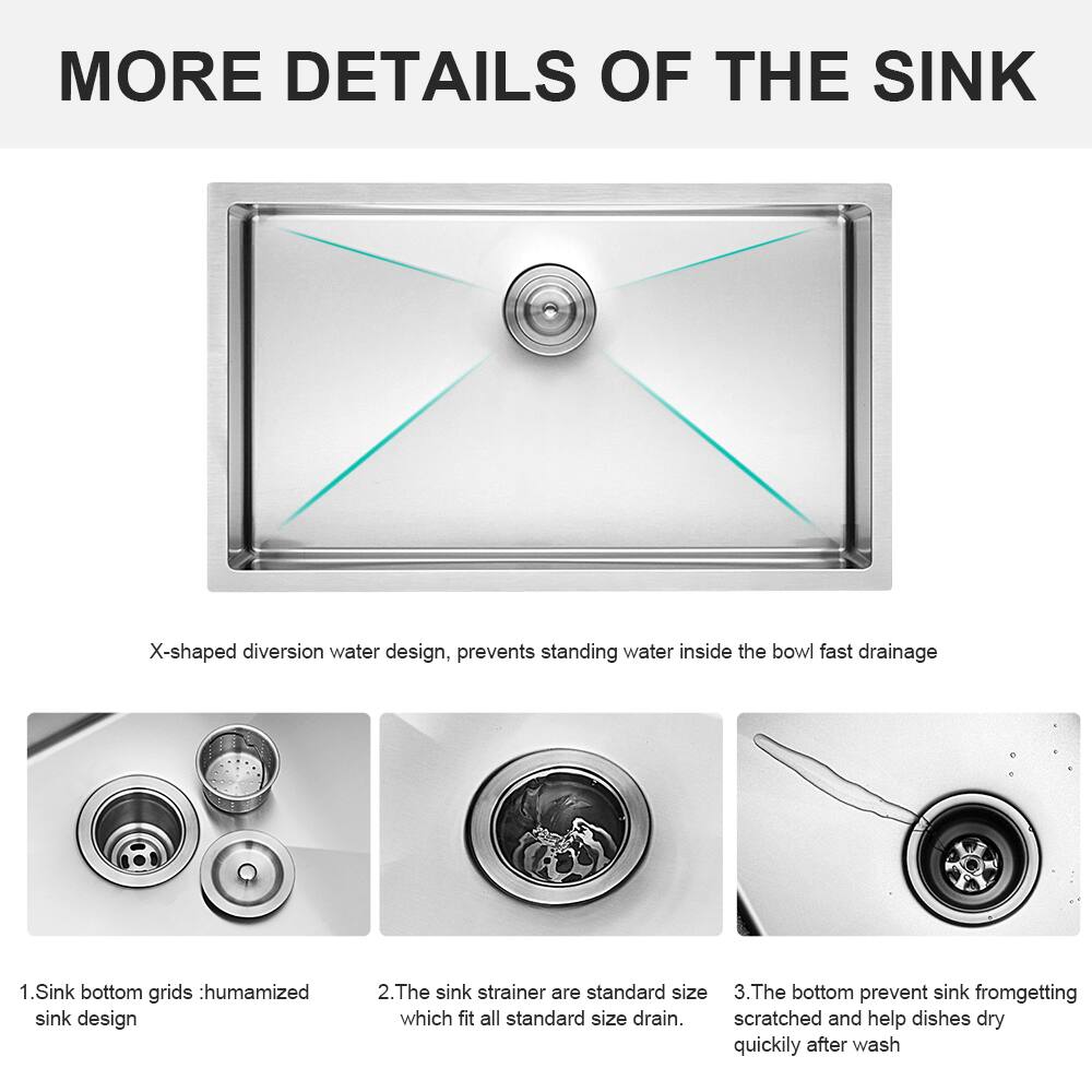 MORE DETAILS OF THE SINK

X-shaped diversion water design, prevents standing water inside the bowl fast drainage

1. Sink bottom grids: humanized sink design
2. The sink strainer are standard size which fit all standard size drain.
3. The bottom prevent sink from getting scratched and help dishes dry quickly after wash