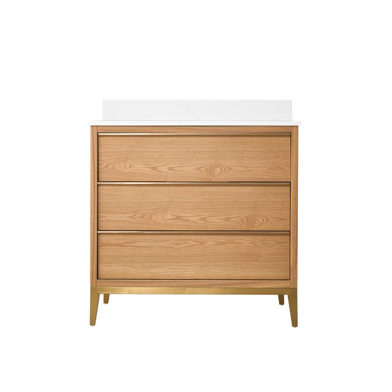 Left. WELLFOR - 36" Freestanding Solid Wood Bathroom Vanity with Carrara White Quartz Vanity Top & 3 Soft-Close Drawers and Backsplash - Oak.