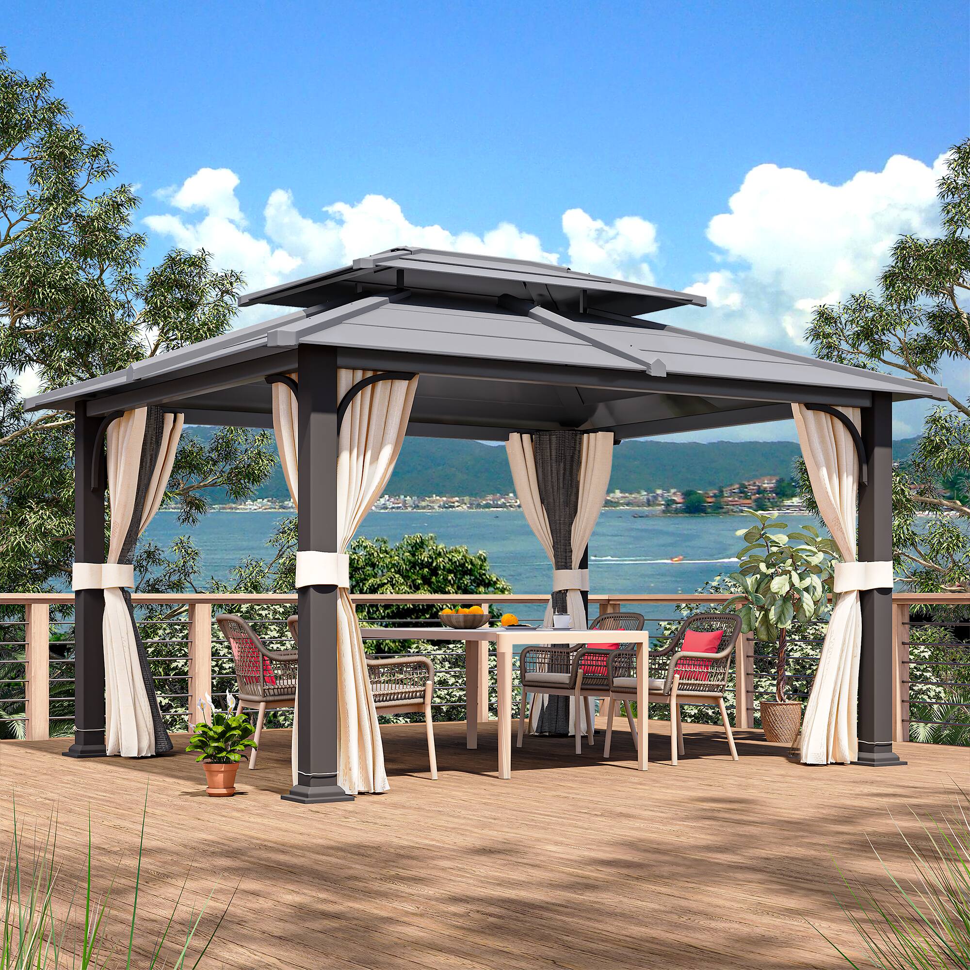 Alt View 4. U-HOMY - Anti-Rust Iron Hardtop Gazebo | All-Weather Enclosed Sun Shelter - 12' x 14'.