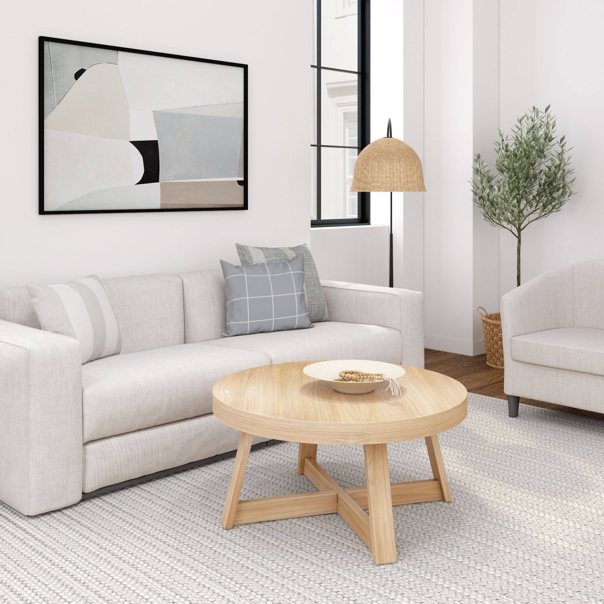 Alt View 4. Plank+Beam - Classic Round Coffee Table (36in x 36in / 910mm x 910mm), Blonde Wirebrush - Blonde Wirebrush.