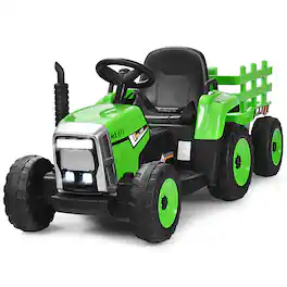Costway - 12V Kids Ride On Tractor with Trailer Ground Loader w/Remote Control &LED Lights - Green