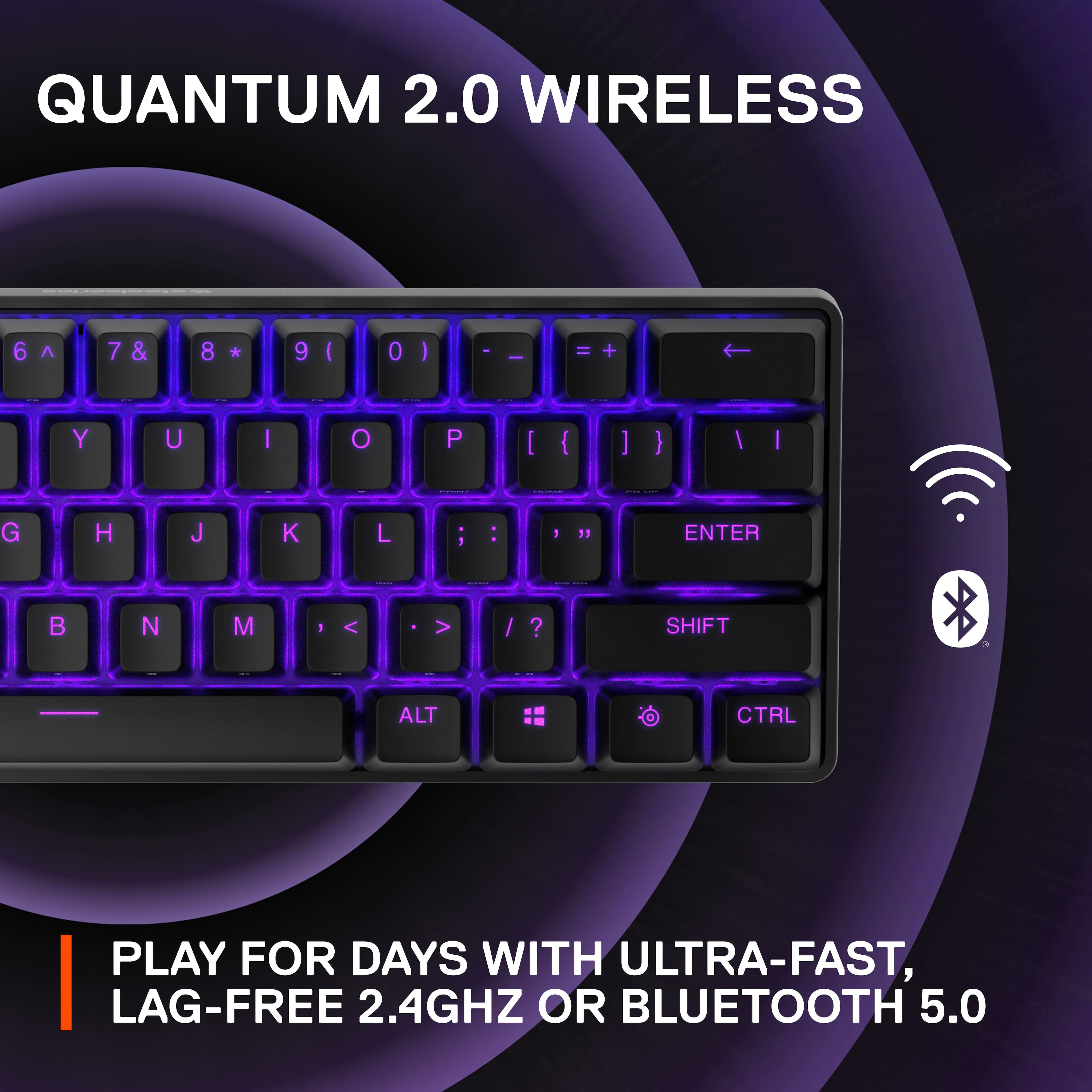 Quantum 2.0 Wireless Keyboard: Play for days with ultra-fast, lag-free 2.4GHz or Bluetooth 5.0.