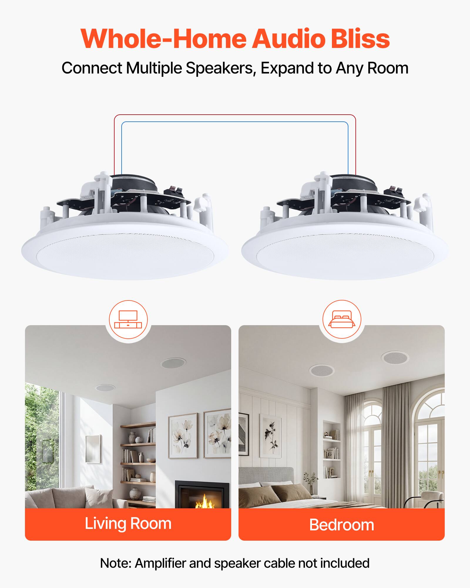 Whole-Home Audio Bliss  
Connect Multiple Speakers, Expand to Any Room  

Living Room  
Bedroom  

Note: Amplifier and speaker cable not included