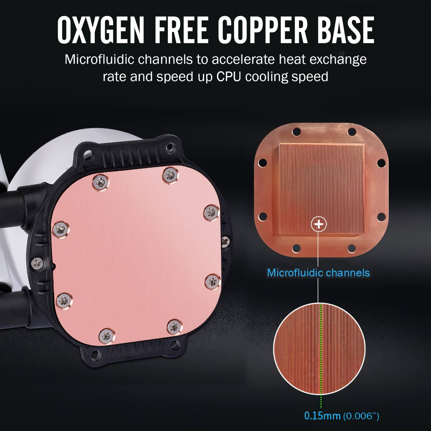 OXYGEN FREE COPPER BASE

Microfluidic channels to accelerate heat exchange rate and speed up CPU cooling speed

Microfluidic channels
0.15mm (0.006")