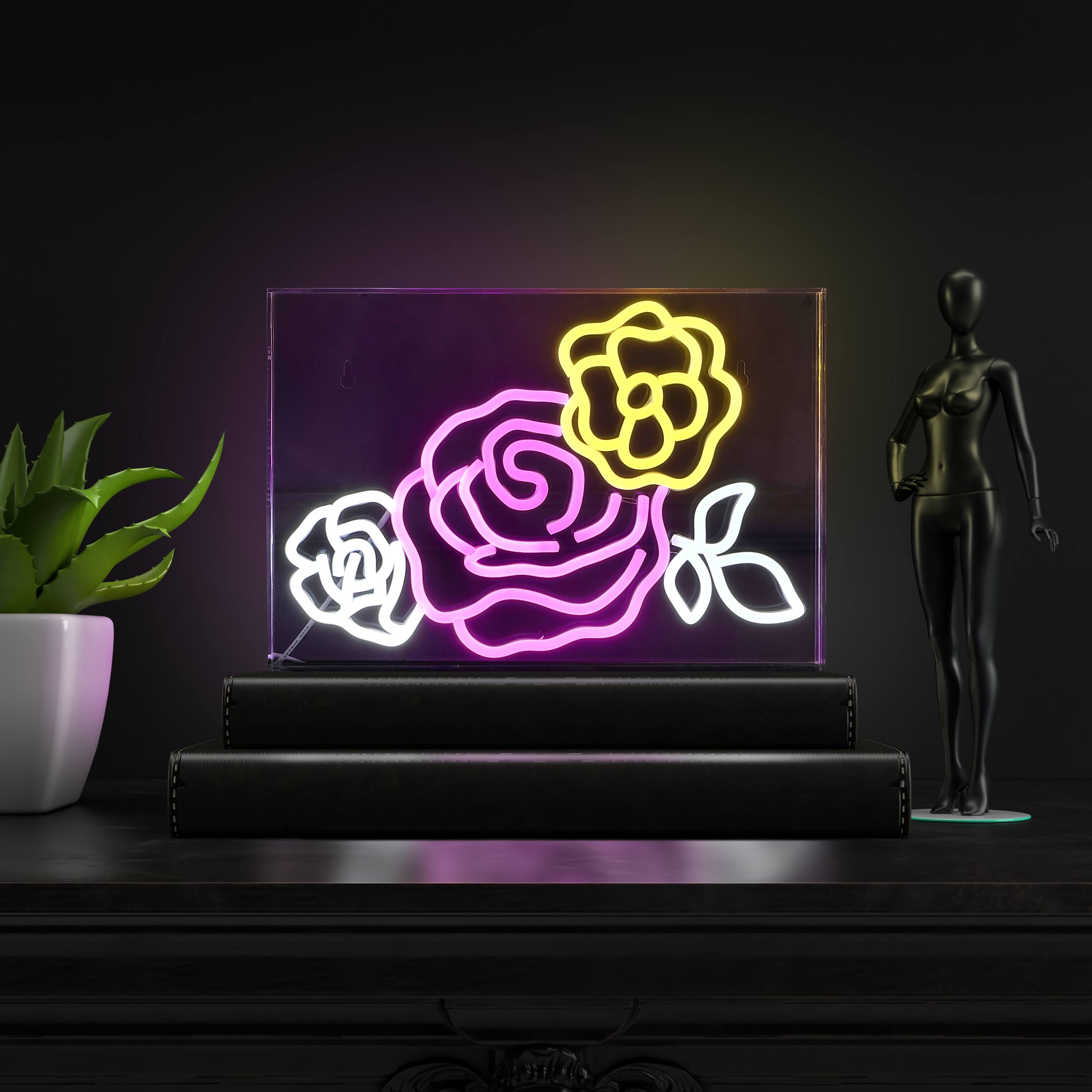 Alt View 1. Jonathan Y - Crowd Of Roses 15" X 10.3" Contemporary Glam Acrylic Box USB Operated LED Neon Light, Pink/White/Yellow - Pink/White/Yellow.