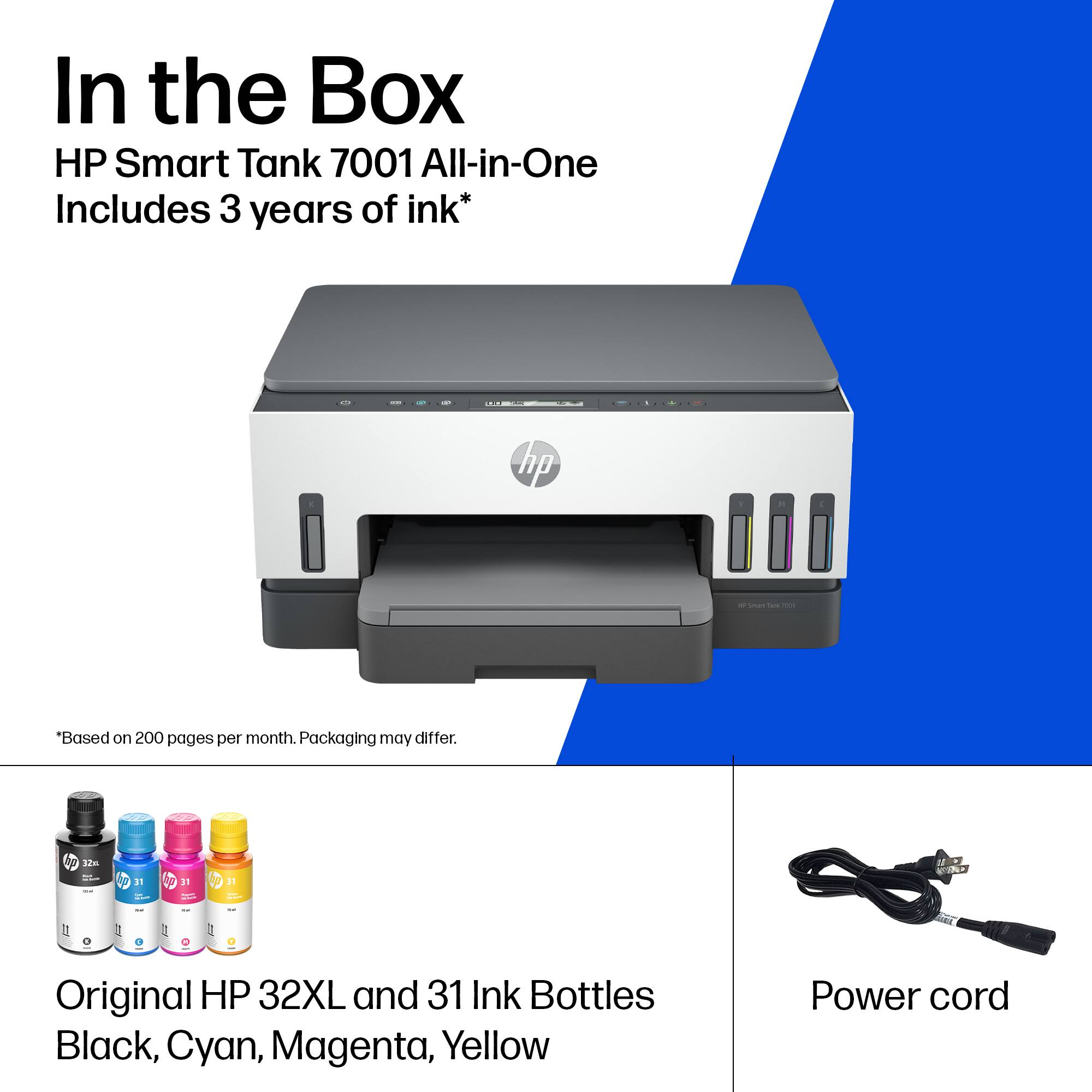 In the Box  
HP Smart Tank 7001 All-in-One  
Includes 3 years of ink*  

*Based on 200 pages per month. Packaging may differ.  

Original HP 32XL and 31 Ink Bottles  
Black, Cyan, Magenta, Yellow  

Power cord