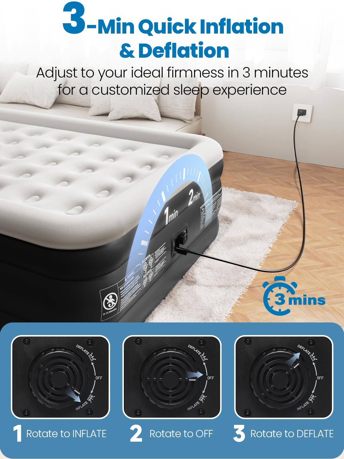 3-Min Quick Inflation & Deflation

Adjust to your ideal firmness in 3 minutes for a customized sleep experience

1. Rotate to INFLATE
2. Rotate to OFF
3. Rotate to DEFLATE
