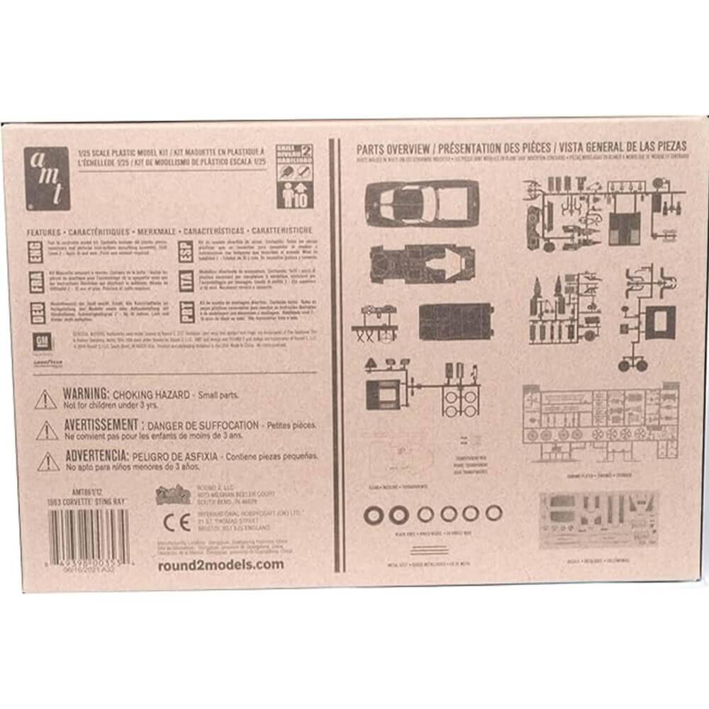Sure, here is the corrected and grouped text from the image:

---

**1:25 Scale Plastic Model Kit**

- **Kit Maduette en Plastique à l'échelle de 925**
- **Kit de Modelo de Plástico Escala 1:25**
- **Kit de Modelo de Plástico Escala 1:25**

**Features / Caractéristiques / Merkmale / Características / Caratteristiche**

**Parts Overview / Présentation des Pièces / Vista General de las Piezas**

**Warning: Choking Hazard - Small parts. Not for children under 3 yrs.**

- **Avertissement: Danger de Suffocation - Petites pièces. Ne convient pas pour les enfants de moins de 3 ans.**
- **Advertencia: Peligro de Asfixia - Contiene piezas pequeñas. No apto para niños menores de 3 años.**

**AMTBUNO2 1943 Corvette Sting Ray**

**round2models.com**

---

This text is grouped and corrected to reflect the information accurately as seen on the image.