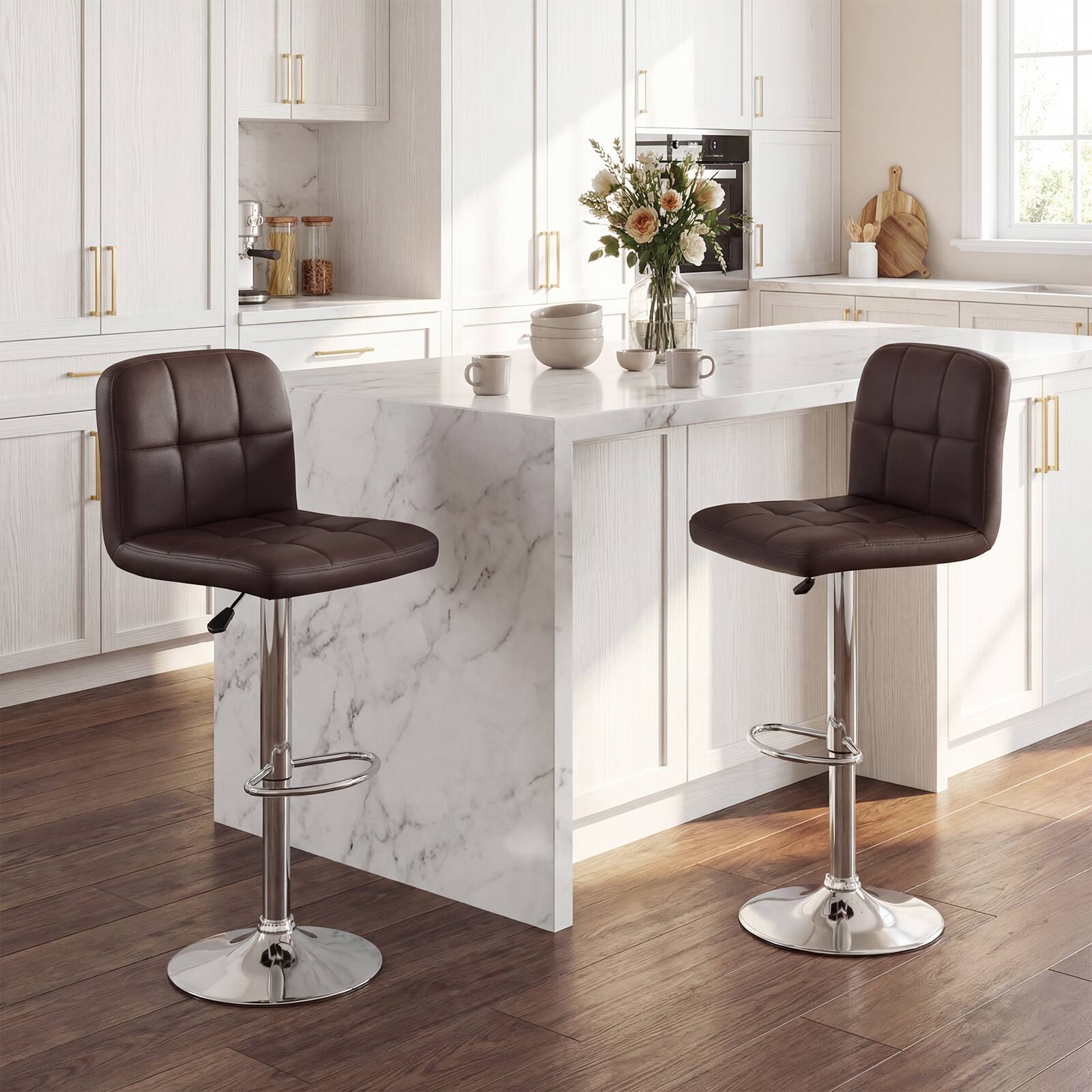 Alt View 1. Gymax - Gymax Swivel Bar Stools Set of 2 w/ Backrests Footrests & Metal Base for Kitchen Brown & Sliver - Brown.