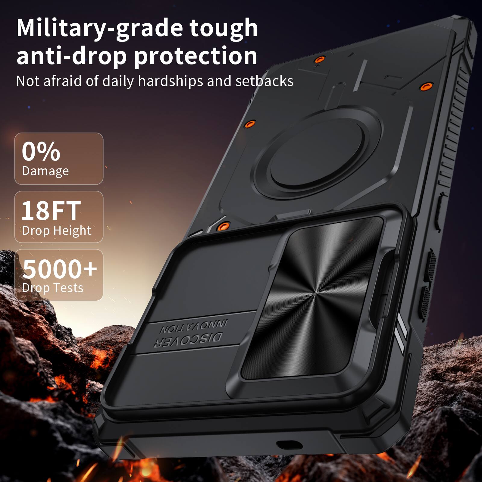 Military-grade tough anti-drop protection  
Not afraid of daily hardships and setbacks  

0% Damage  
18FT Drop Height  
5000+ Drop Tests  

TION 1/21/2017 DISCOVER