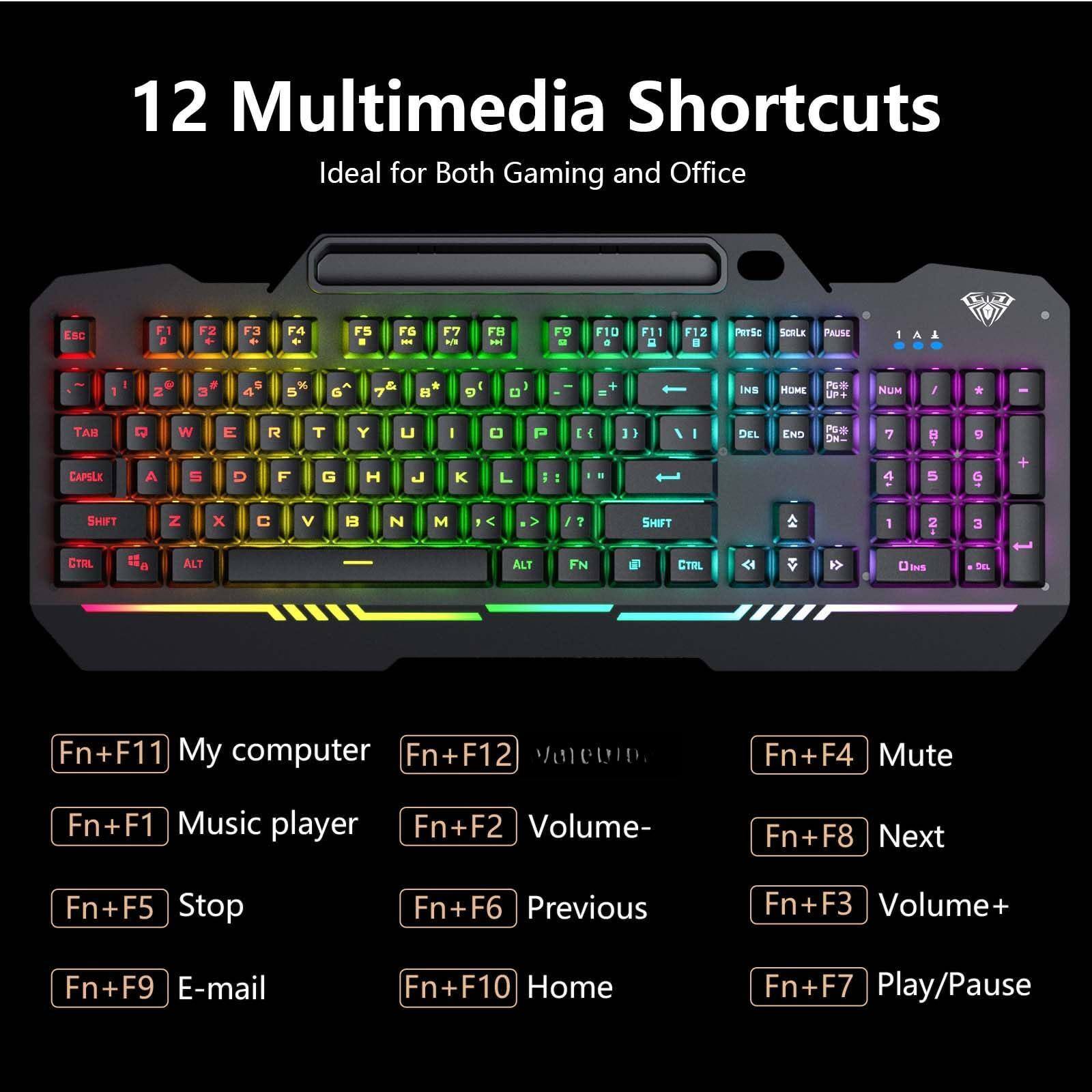 12 Multimedia Shortcuts  
Ideal for Both Gaming and Office  

- Fn+F11: My computer  
- Fn+F12: Volume-  
- Fn+F1: Music player  
- Fn+F2: Volume-  
- Fn+F5: Stop  
- Fn+F6: Previous  
- Fn+F9: E-mail  
- Fn+F10: Home  
- Fn+F4: Mute  
- Fn+F8: Next  
- Fn+F3: Volume+  
- Fn+F7: Play/Pause