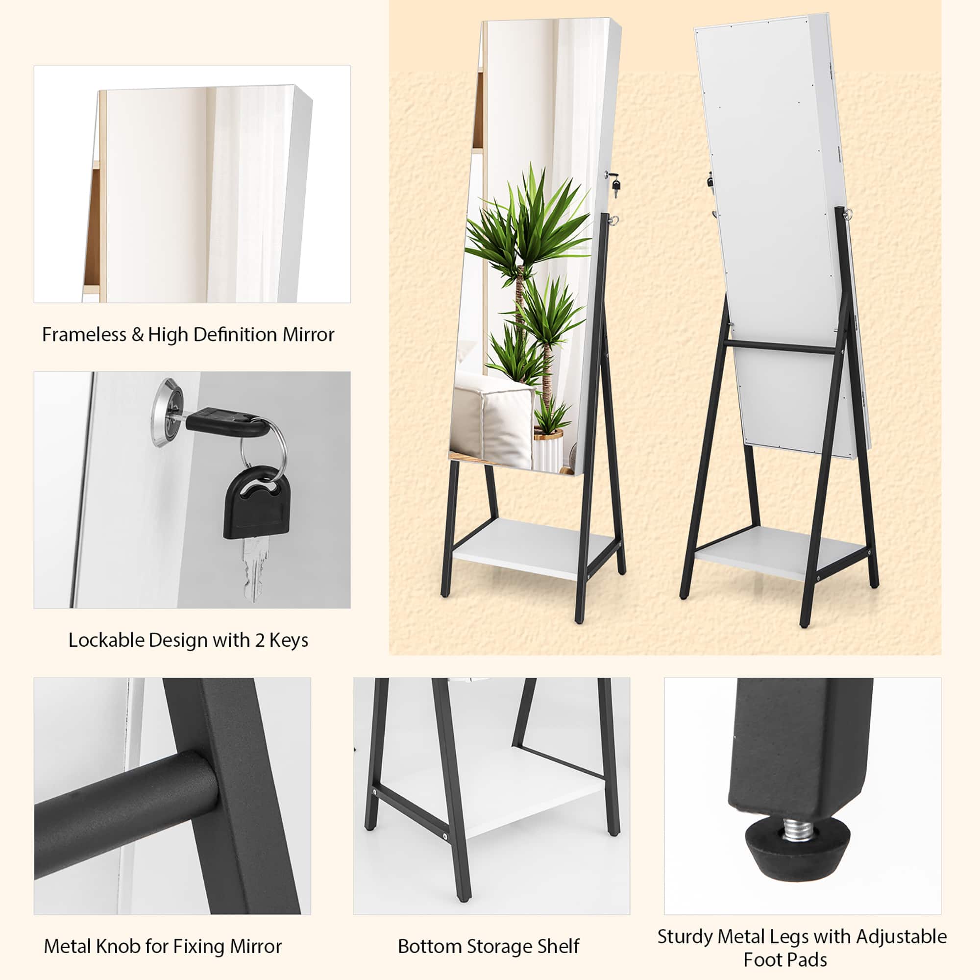 The image features a collection of mirrors and storage shelves. There is a frameless and high definition mirror with a lockable design and two keys. The mirror is accompanied by a bottom storage shelf with sturdy metal legs and adjustable foot pads. Additionally, there is a metal knob for fixing the mirror, and a potted plant is placed nearby, adding a touch of greenery to the space.