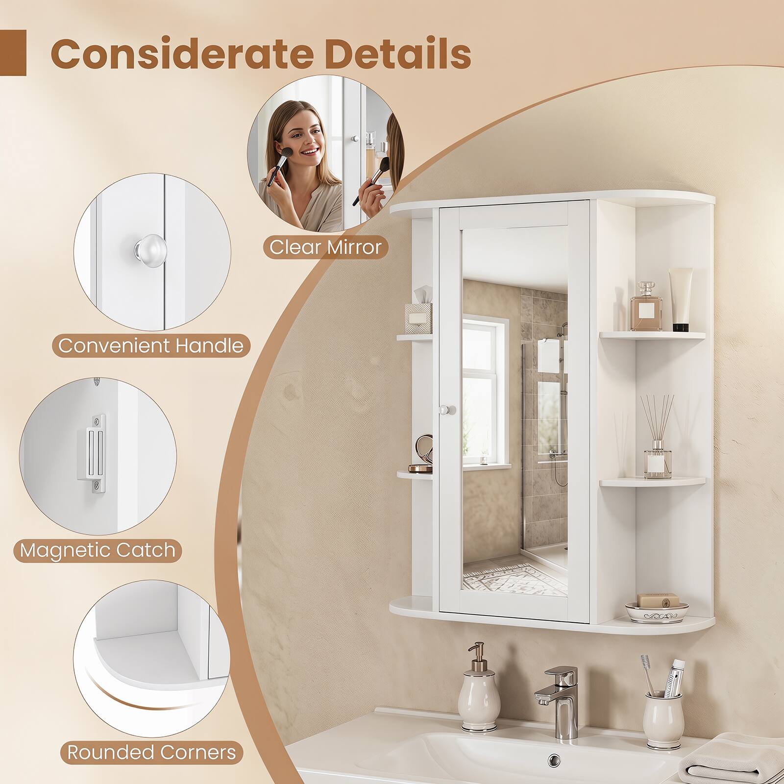 Considerate Details
- Clear Mirror
- Convenient Handle
- Magnetic Catch
- Rounded Corners