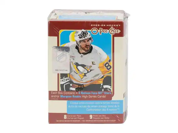 2025-26 HOCKEY C-K FR O-Pee-Chee Pee Chee UPI NM N.B BB174127146 07 CM J 8 Each Box Contains 4 4 Nations Face-Off Stars and/or Marquee Rookie High-Series Cards! Chaque boite contient quatre cartes d'étoiles et/ou de recrues de renom à tirage limité de la Confrontation des 4 nations! Cards per Pack Packs per Box 8 Cartes par Paquet 9 Paquets par Boite MAT CONTAIN IME-SENSITIVE REDEMPTIONS "PEUT CONTENIR DES CARTES DE RACHAT AVEC DATE D'ÉCHANCE