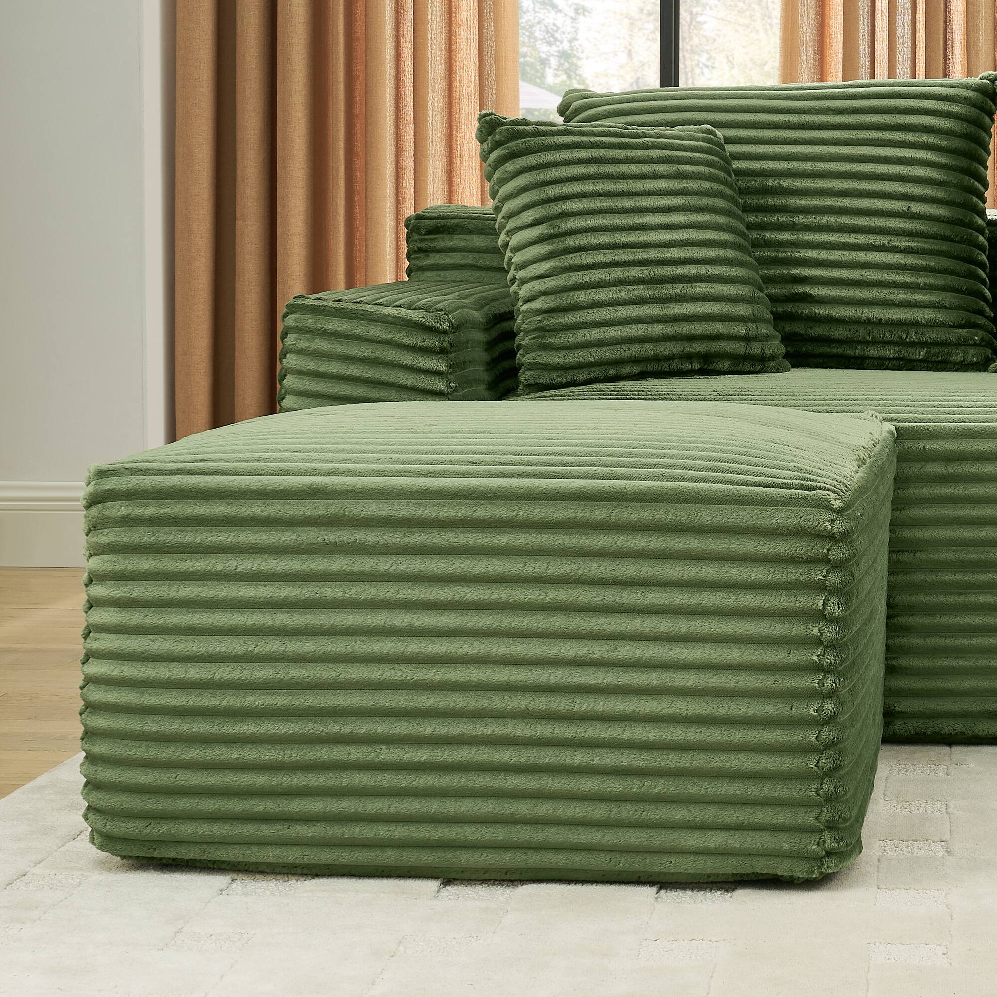 Left. Anysun - 115" U-Shape Boneless Corduroy Sectional with Chaise & Ottoman-No Assembly, Deep-Seat Modular Cloud Sofa for Living Room - Green.